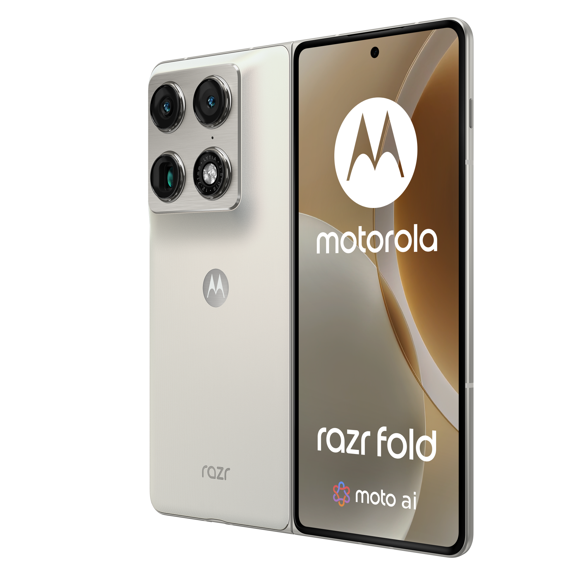 Biały składany telefon Motorola Razr z czterema aparatami z tyłu.