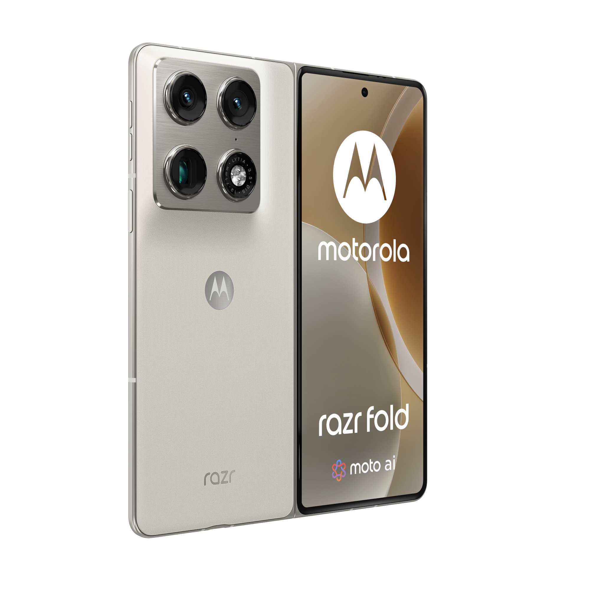 Jasno beżowy smartfon Motorola Razr Fold z podwójnym aparatem z tyłu.