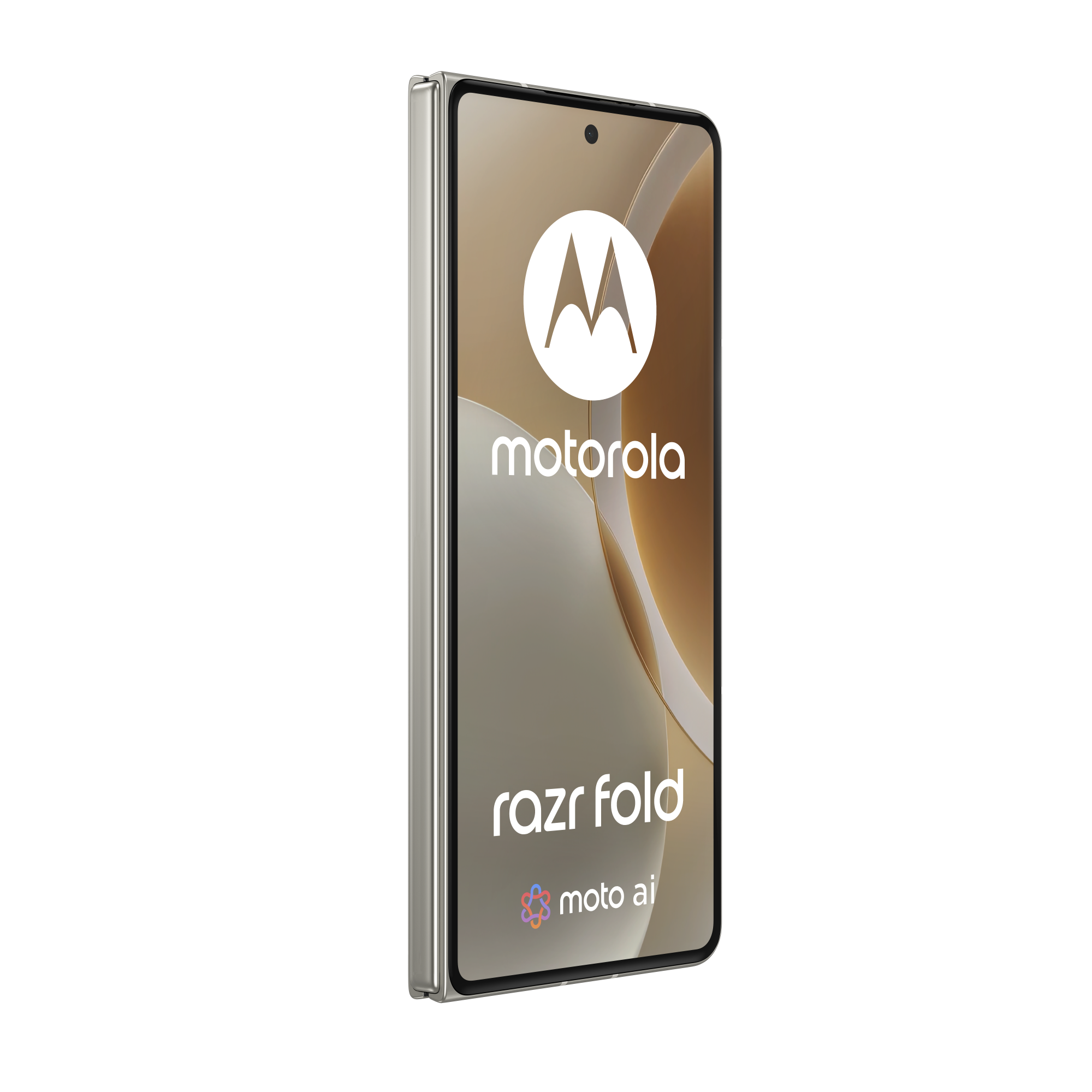 Złożony srebrny smartfon Motorola Razr Fold z logo Motorola.