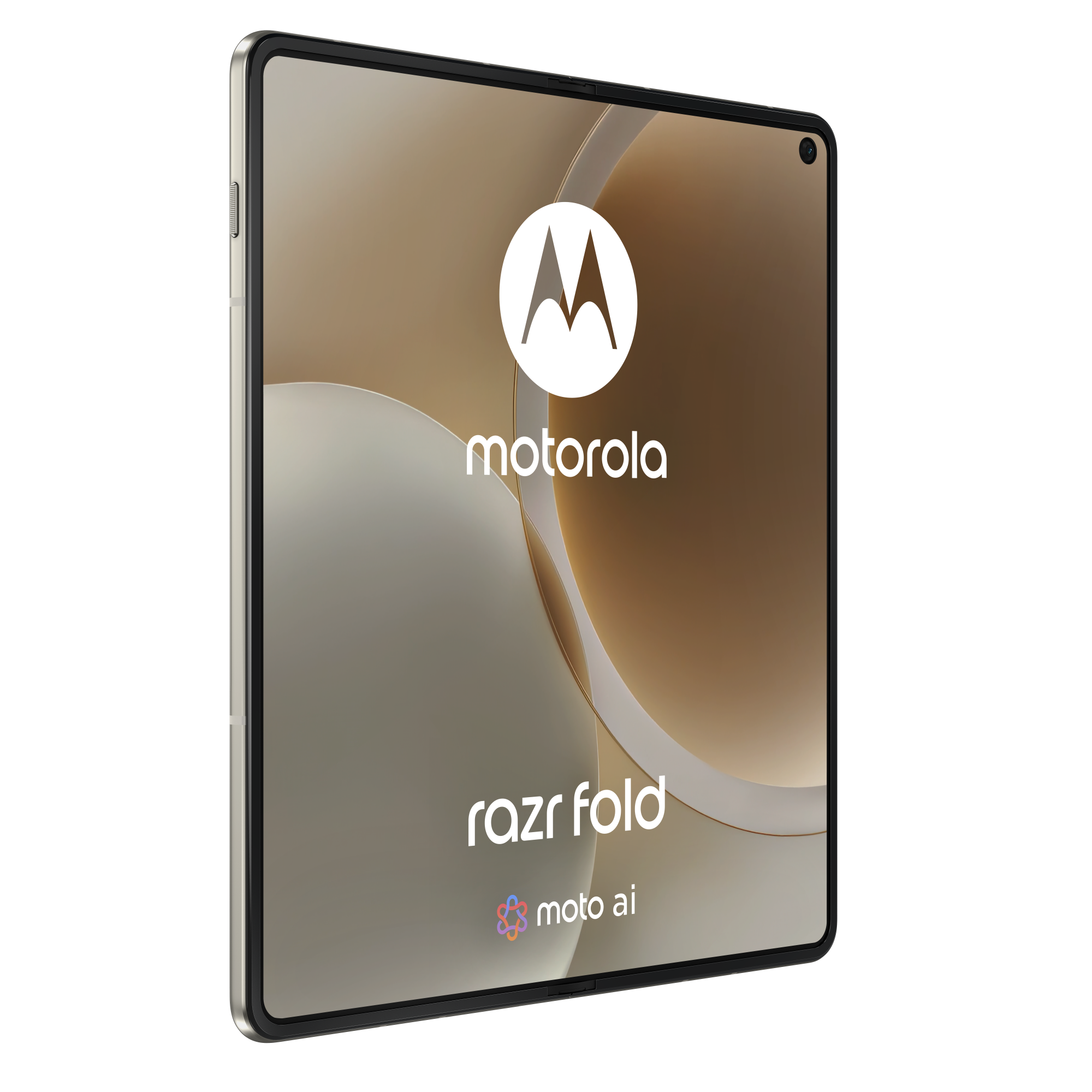 Rozłożony telefon Motorola Razr Fold z logo Motoroli i Moto AI.