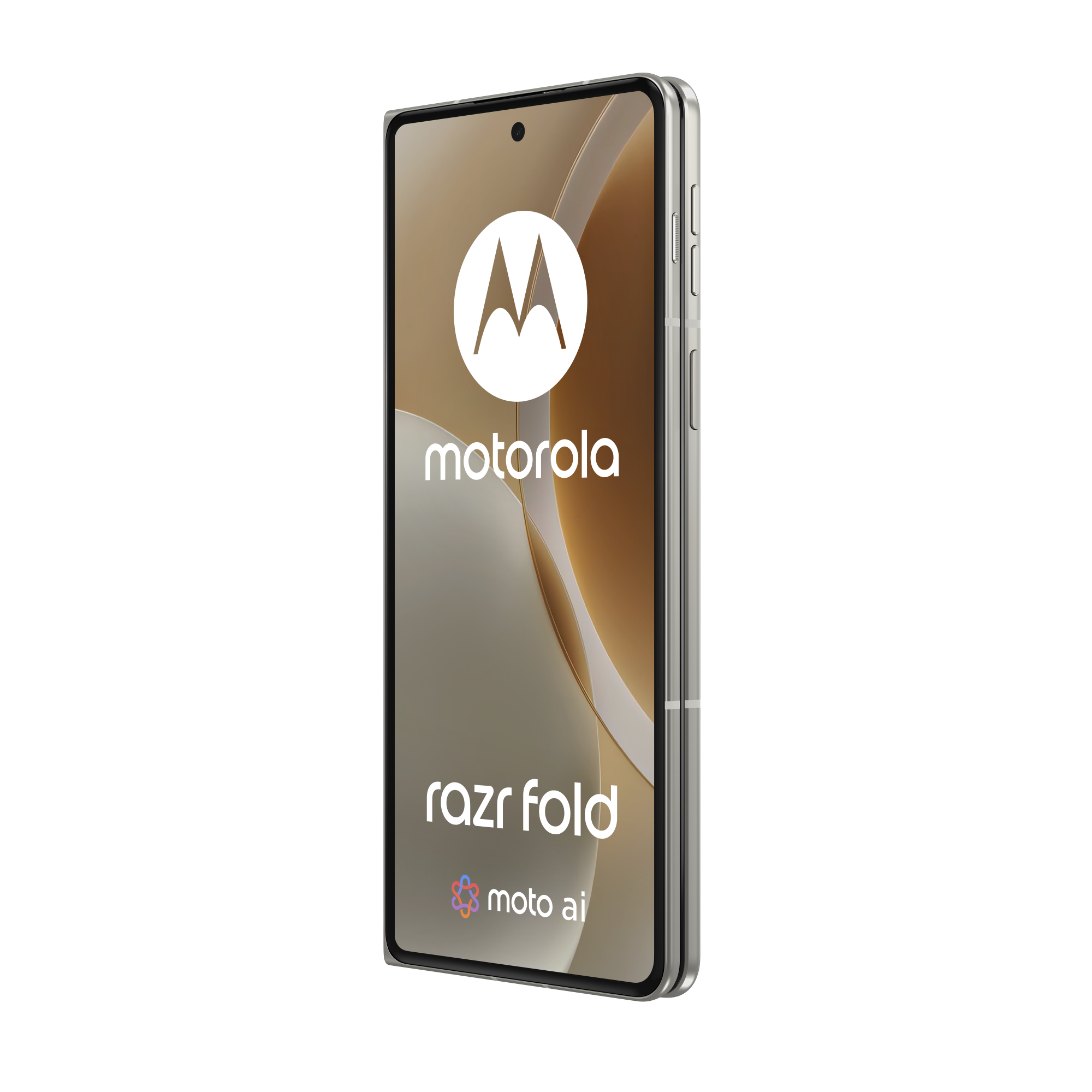 Srebrny telefon Motorola Razr Fold z logo Motorola i Moto AI na ekranie.