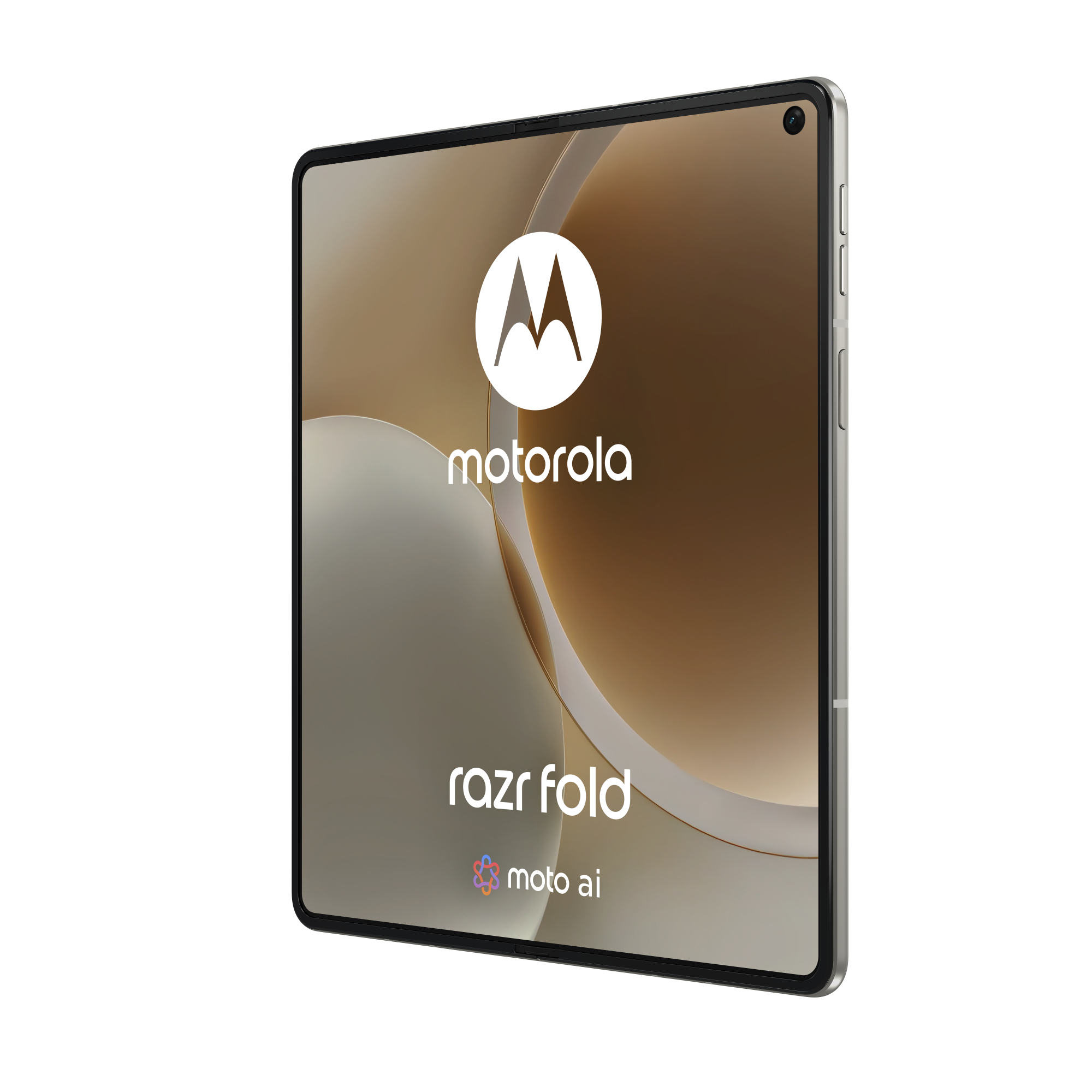 Smartfon Motorola Razr Fold wyświetlający logo Motorola i Moto AI.
