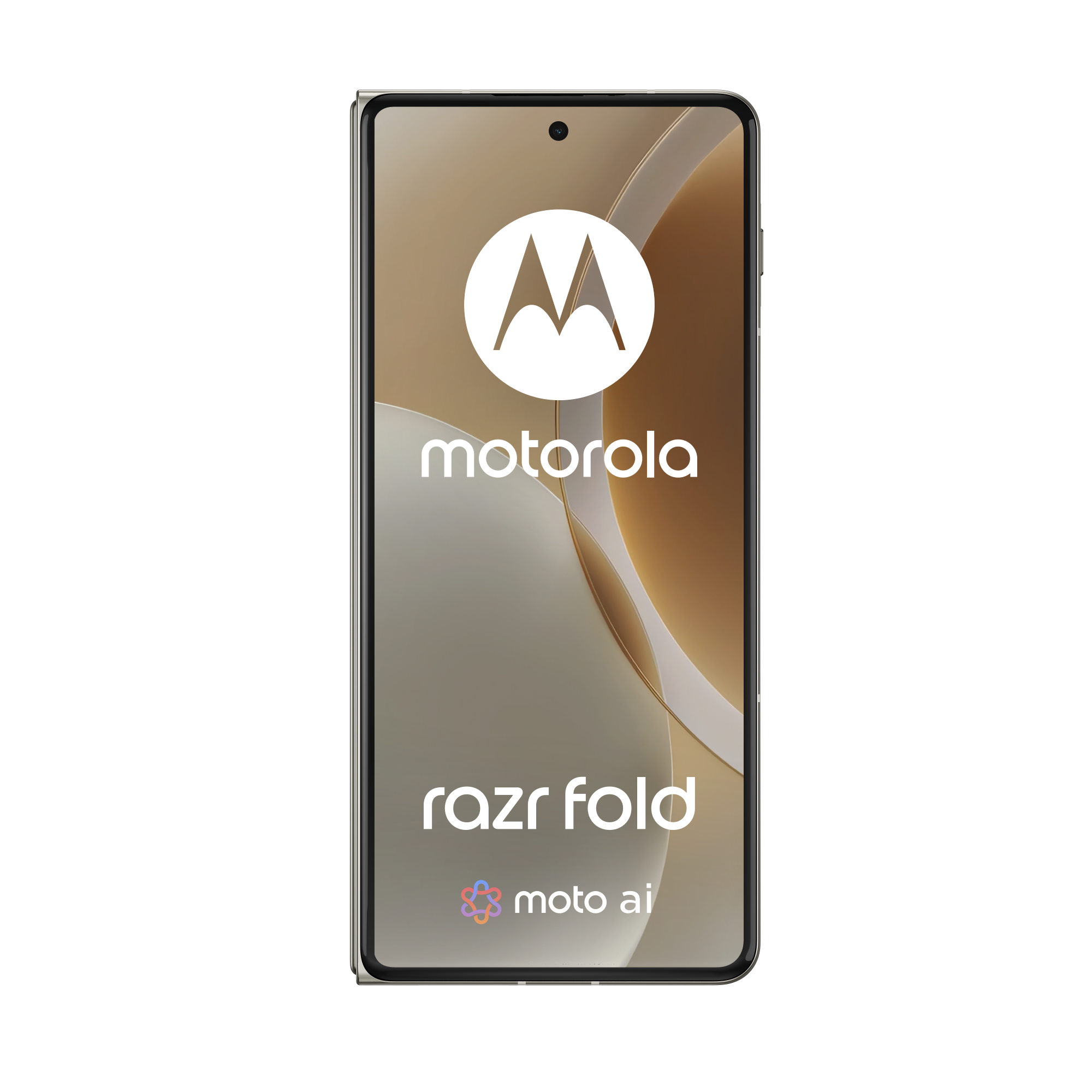 Telefon Motorola Razr Fold wyświetlający logo Motorola i Moto AI.
