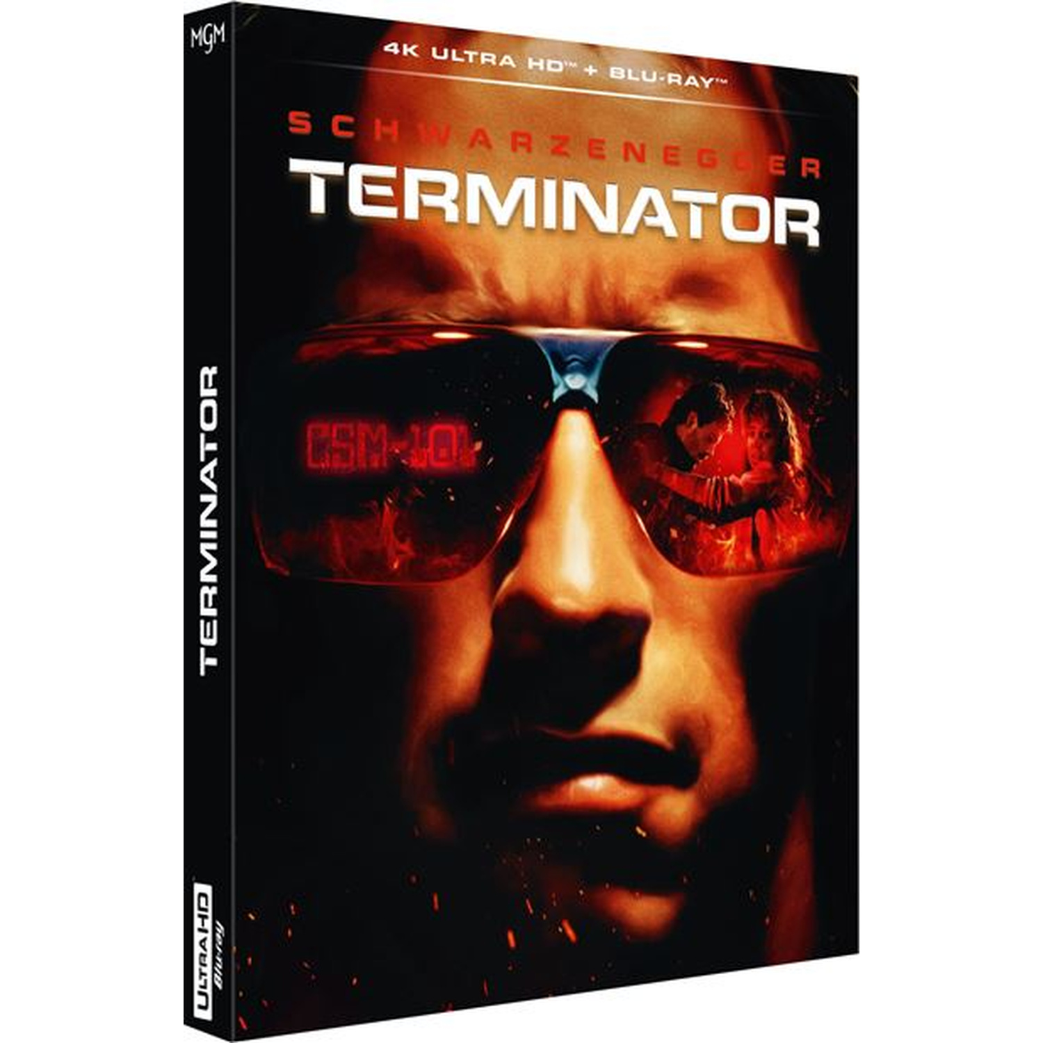 La jaquette Blu-ray 4K de Terminator présente le visage d'Arnold Schwarzenegger et le titre.