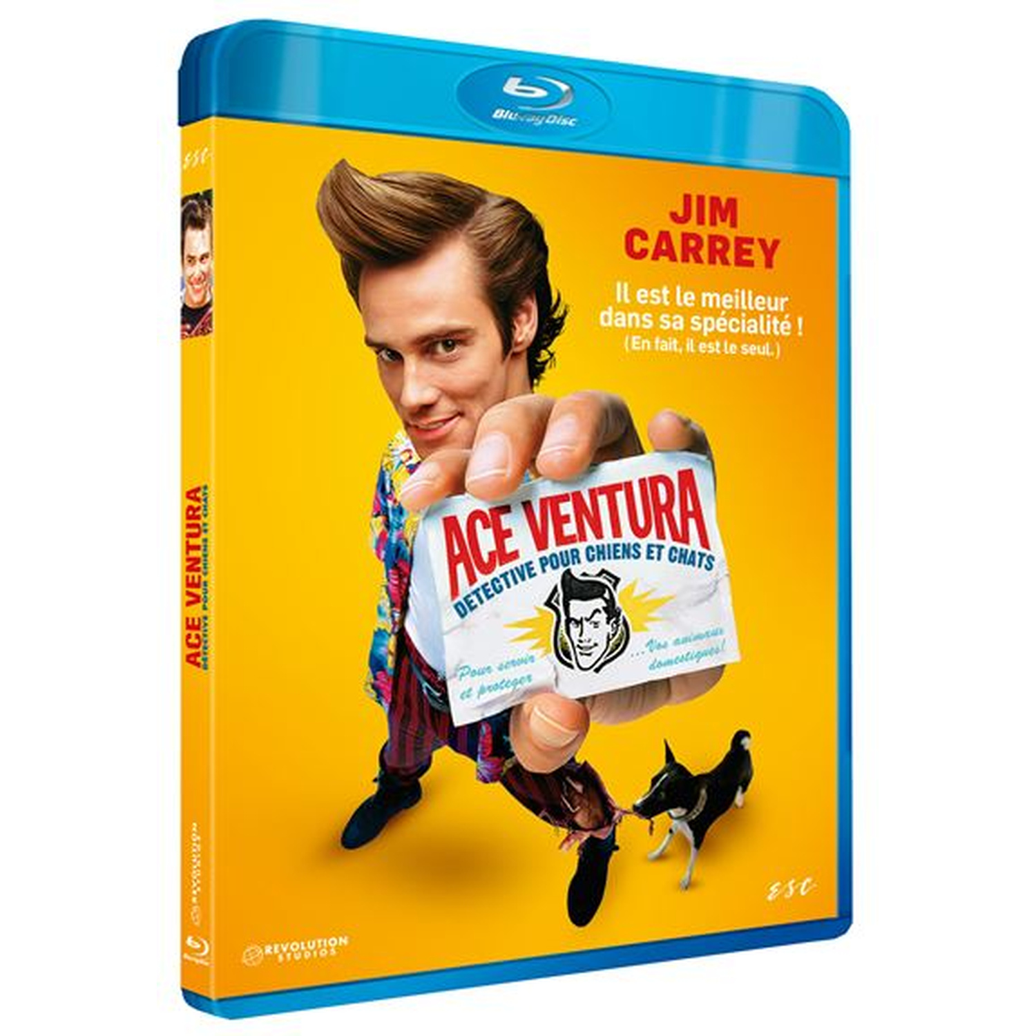Jim Carrey als Ace Ventura op een Blu-ray hoes, houdt een ID kaart vast, met een hond op de voorgrond.