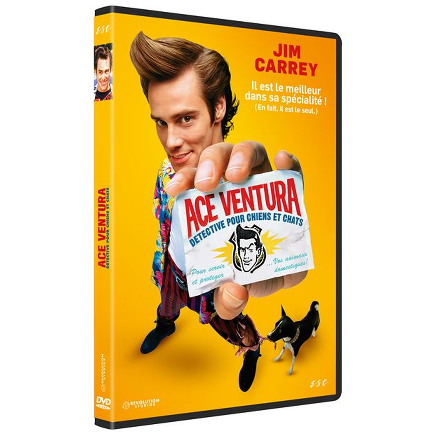 Jim Carrey en Ace Ventura tient une carte d'identité avec des images de chiens et chats.
