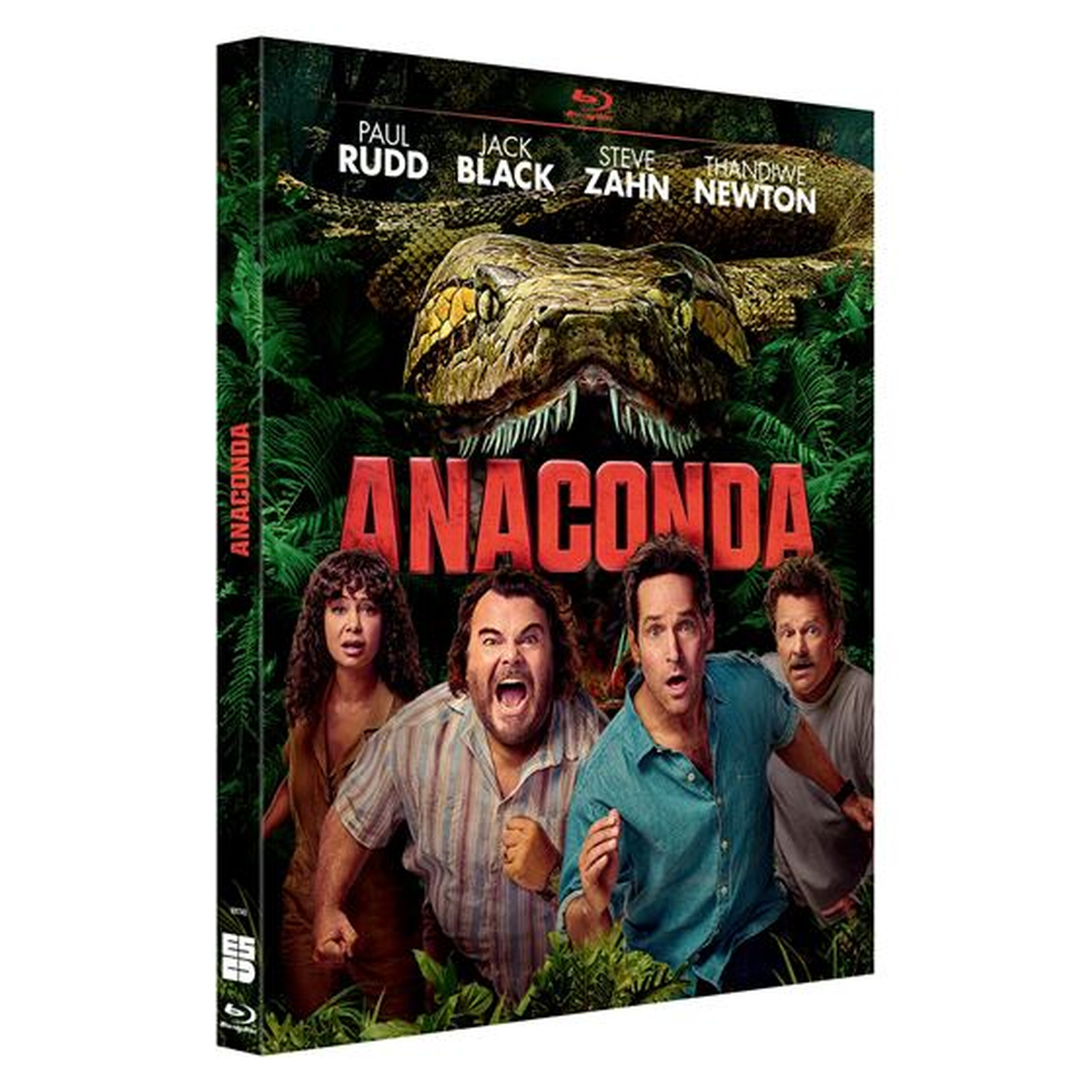 Vier mensen vluchten voor een gigantische anaconda in de jungle. De filmtitel is Anaconda.