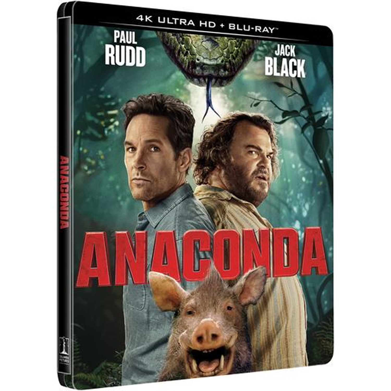 Paul Rudd, Jack Black et un cochon sur la jaquette Blu-ray 4K Anaconda.