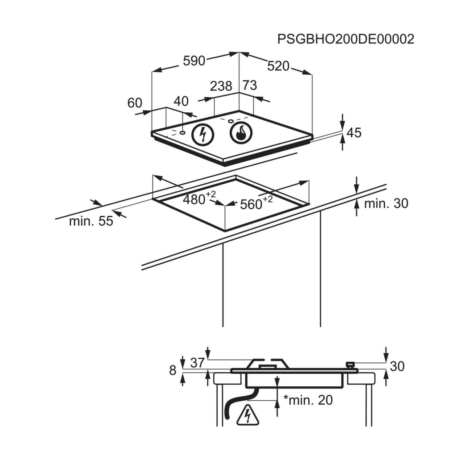 Disegno tecnico di un piano cottura con dimensioni e istruzioni di installazione.