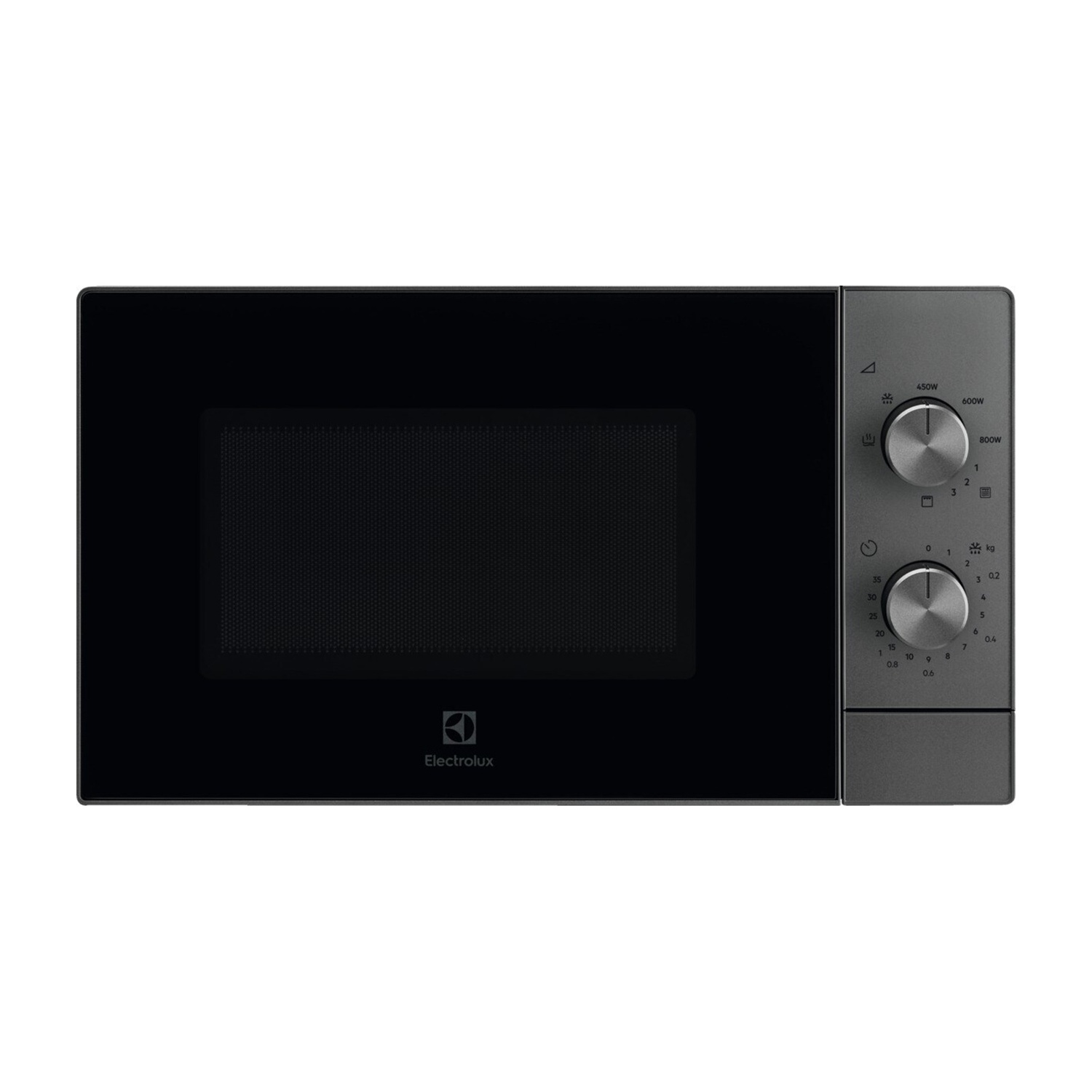 Forno a microonde nero con manopole argentate e display LCD.