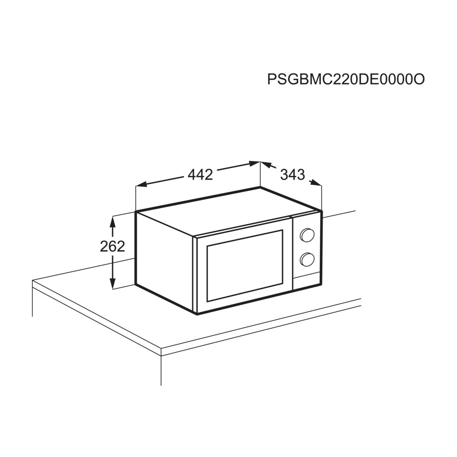 Disegno tecnico di un microonde con dimensioni 442x343x262 mm.