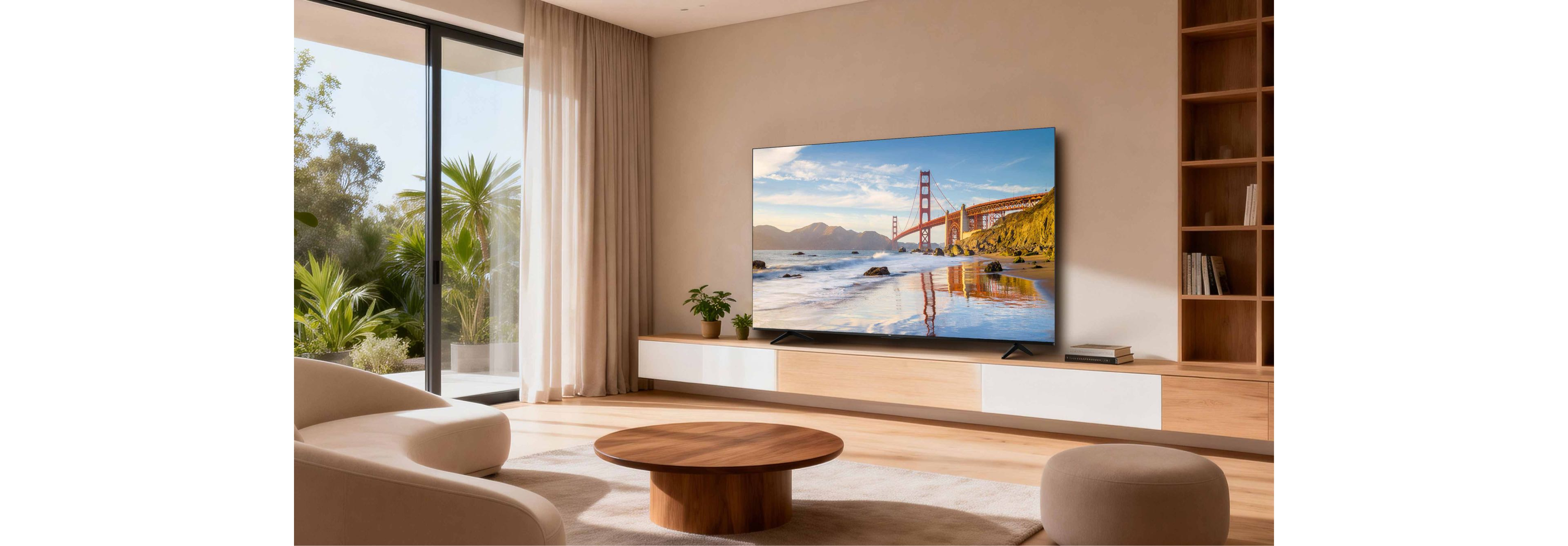 Salon z sofą, stolikiem kawowym i telewizorem wyświetlającym most Golden Gate.