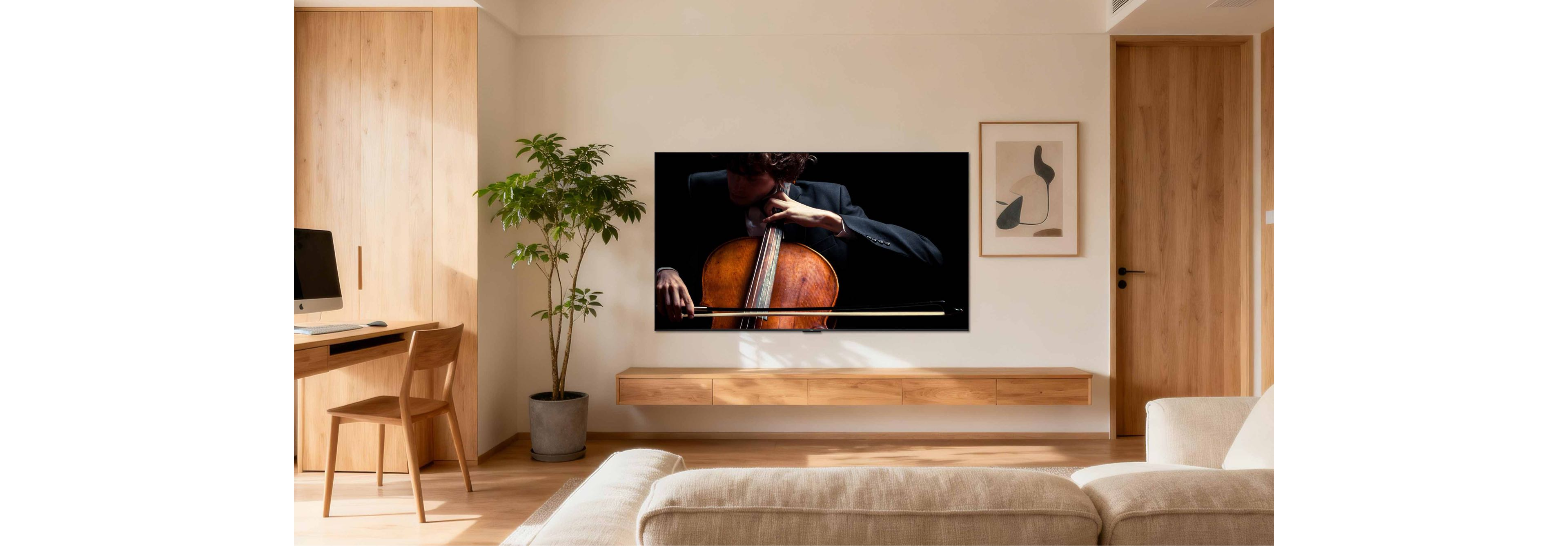 Mężczyzna w ciemnym garniturze gra na wiolonczeli na czarnym tle w TV.