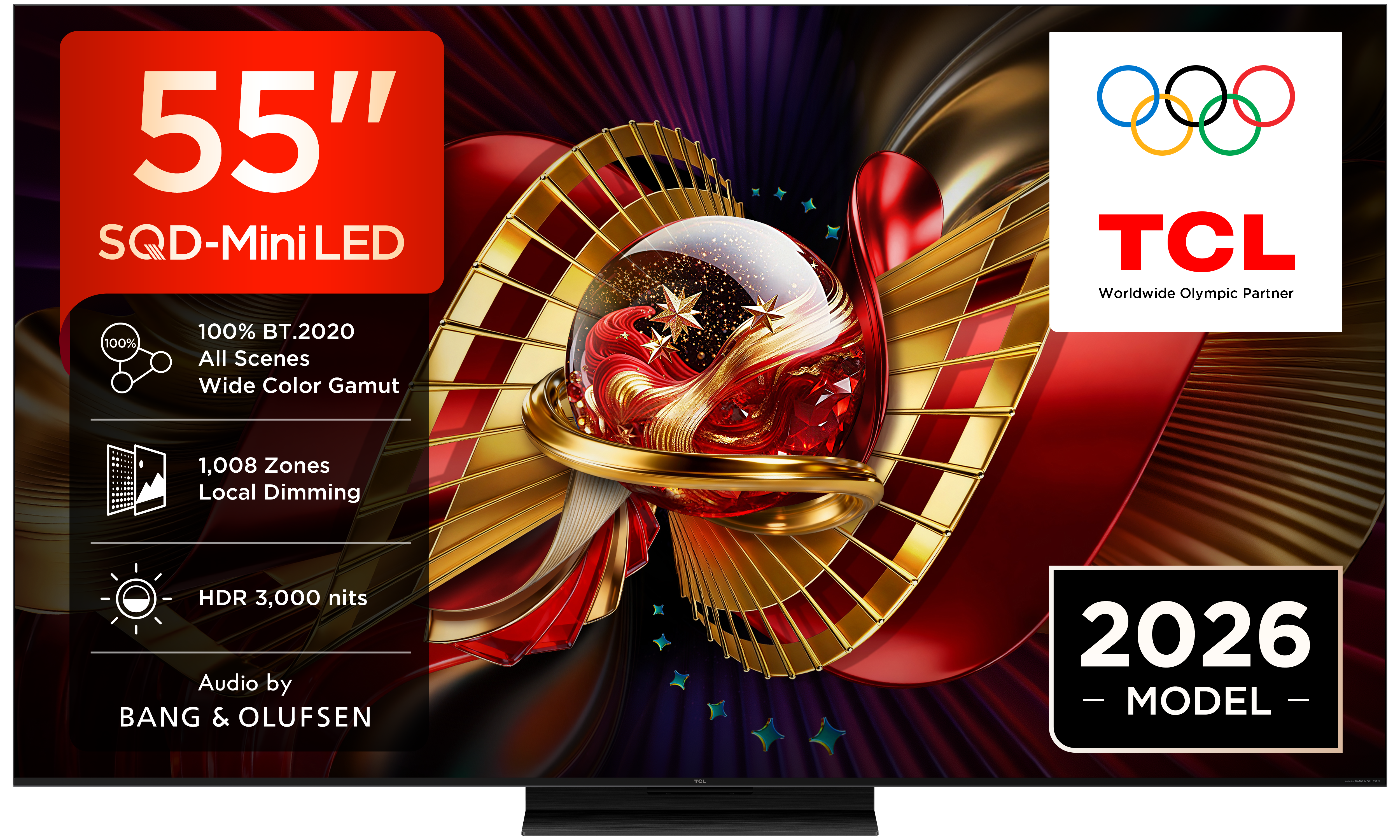 55" TCL SQD-Mini LED Fernseher mit Olympischen Ringen, Modell 2026.