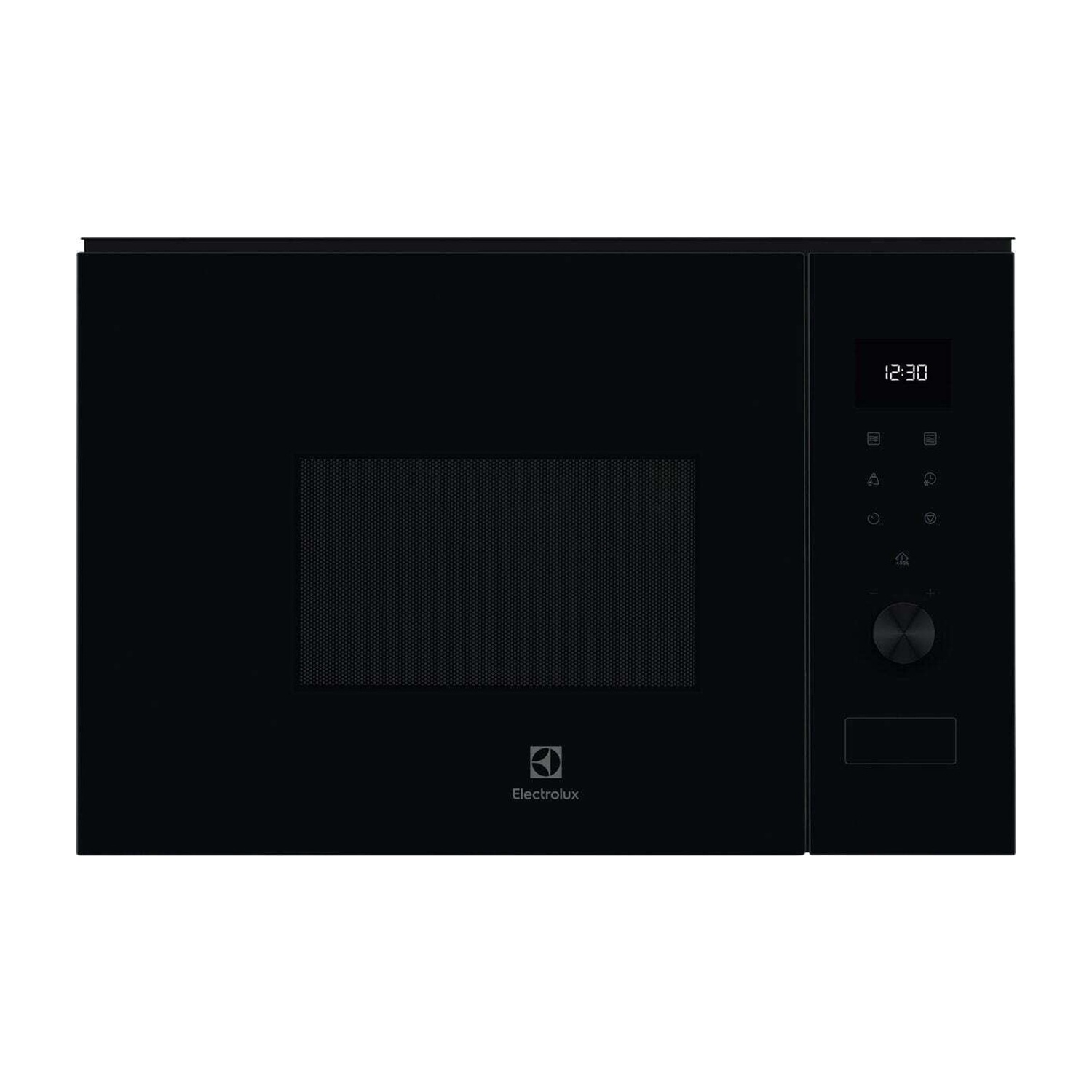 Forno a microonde Electrolux nero con display digitale che mostra 12:30, manopola e pulsanti.