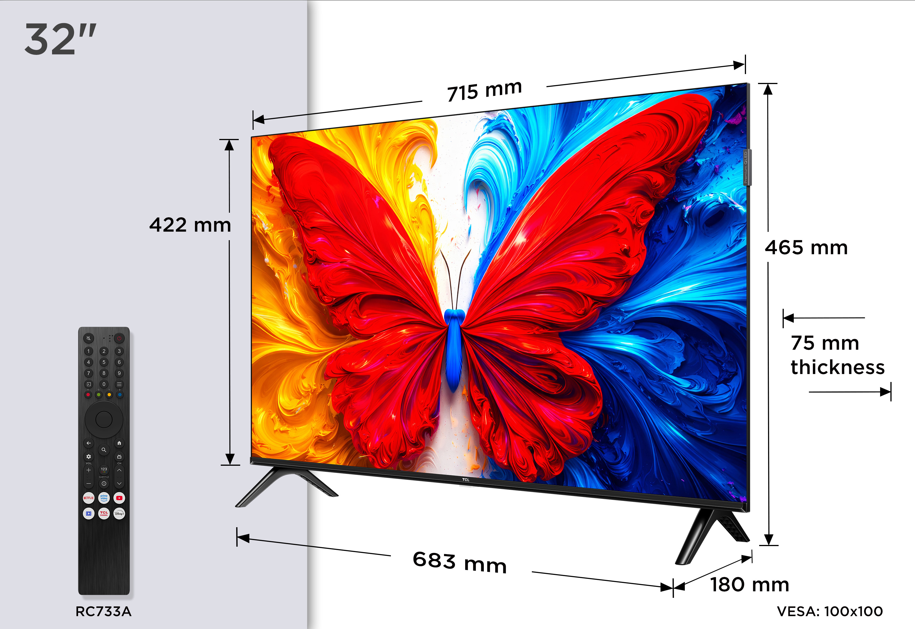 Telewizor 32" z motywem motyla. Wymiary: 715x465x75mm. Pilot w zestawie.