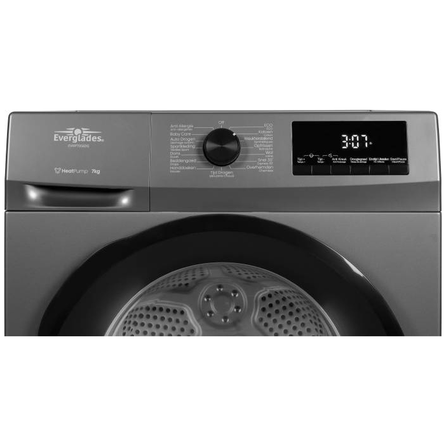 Sèche-linge gris avec panneau de commande, affichage 3:07 et tambour.