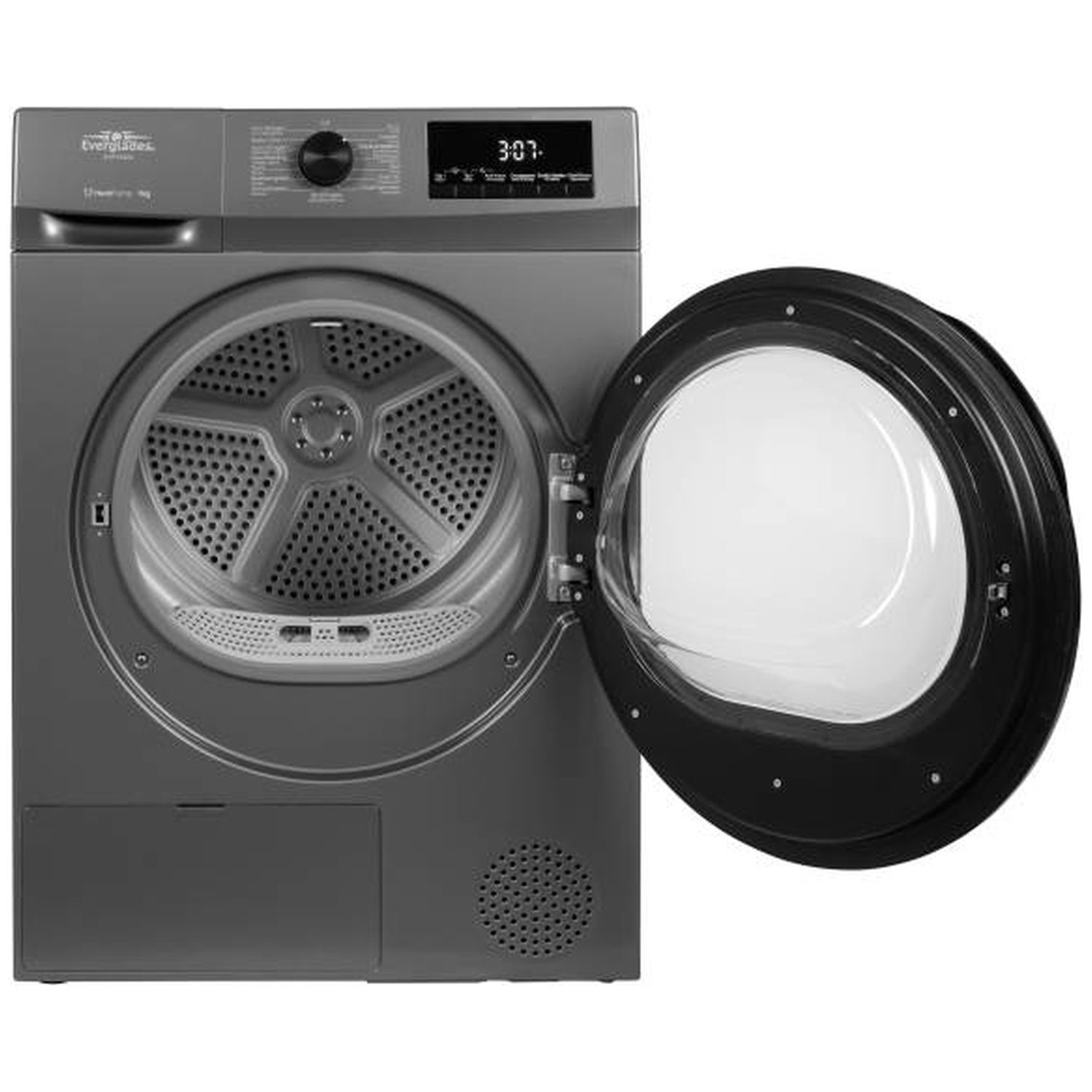 Sèche-linge gris avec porte ouverte, intérieur et panneau de commande visibles.