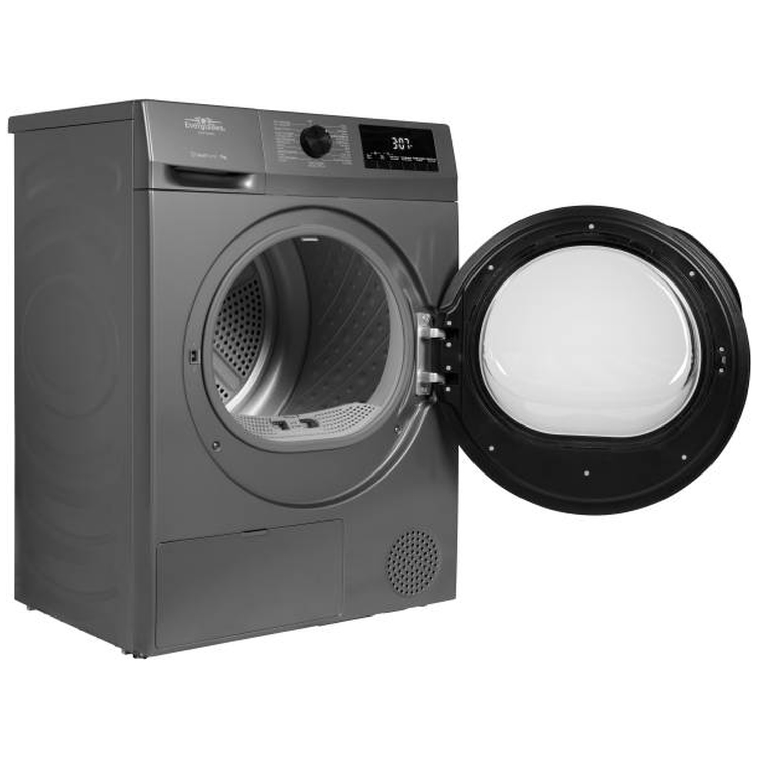 Sèche-linge gris avec porte ouverte et écran numérique.