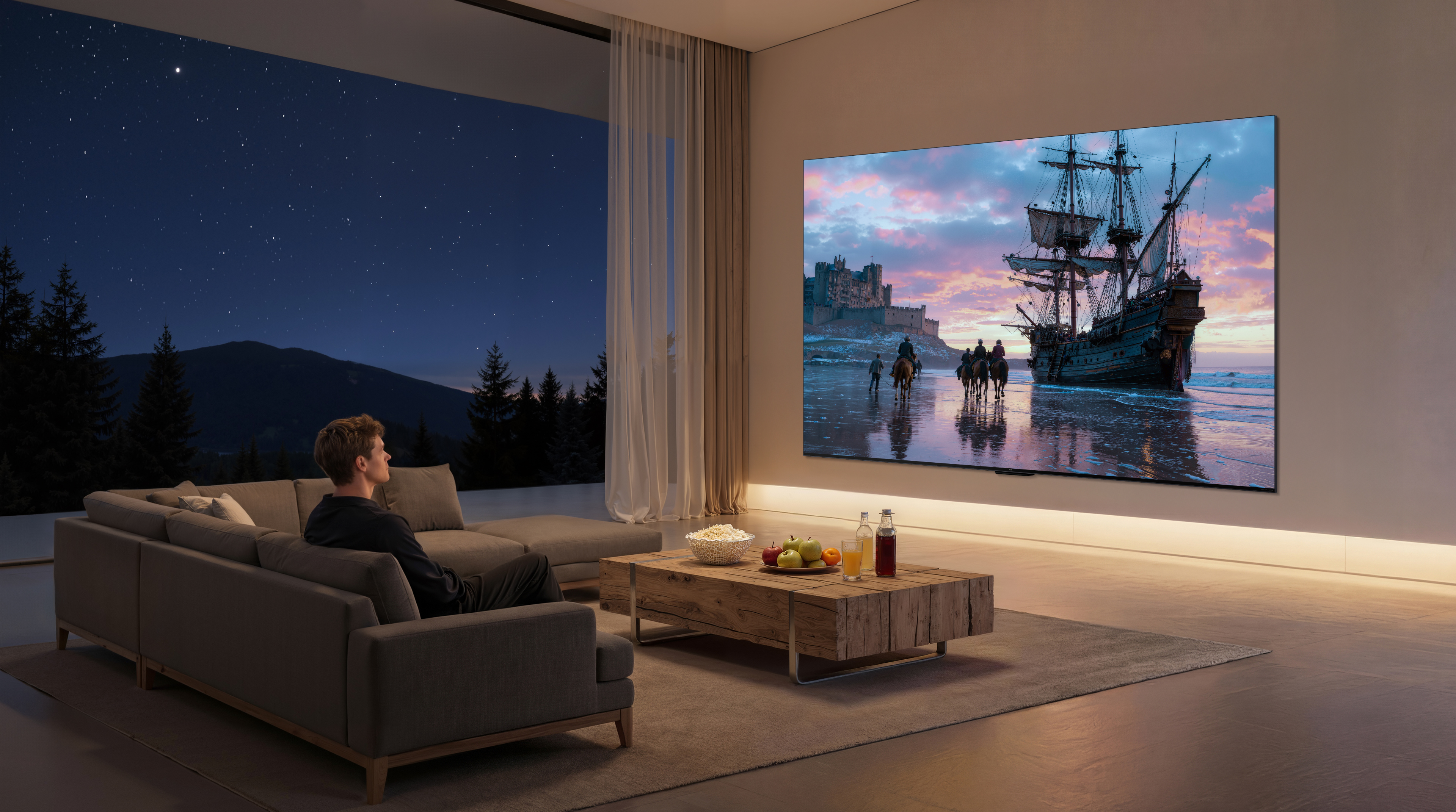 Mann sitzt auf Sofa, schaut auf TV mit Piratenschiff und Burg