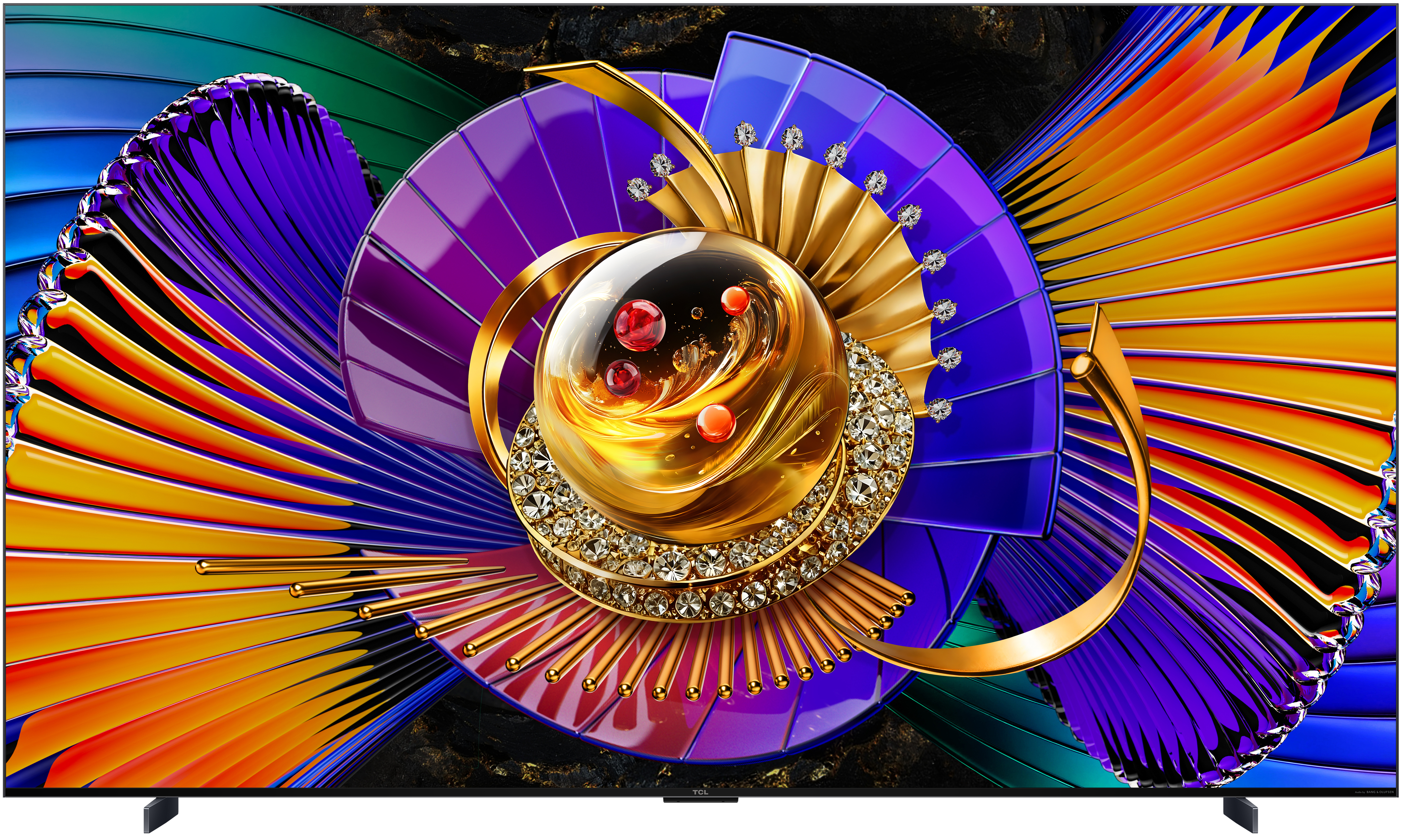 Ein goldener Ball mit roten Kugeln, umgeben von Juwelen und abstrakter Kunst.