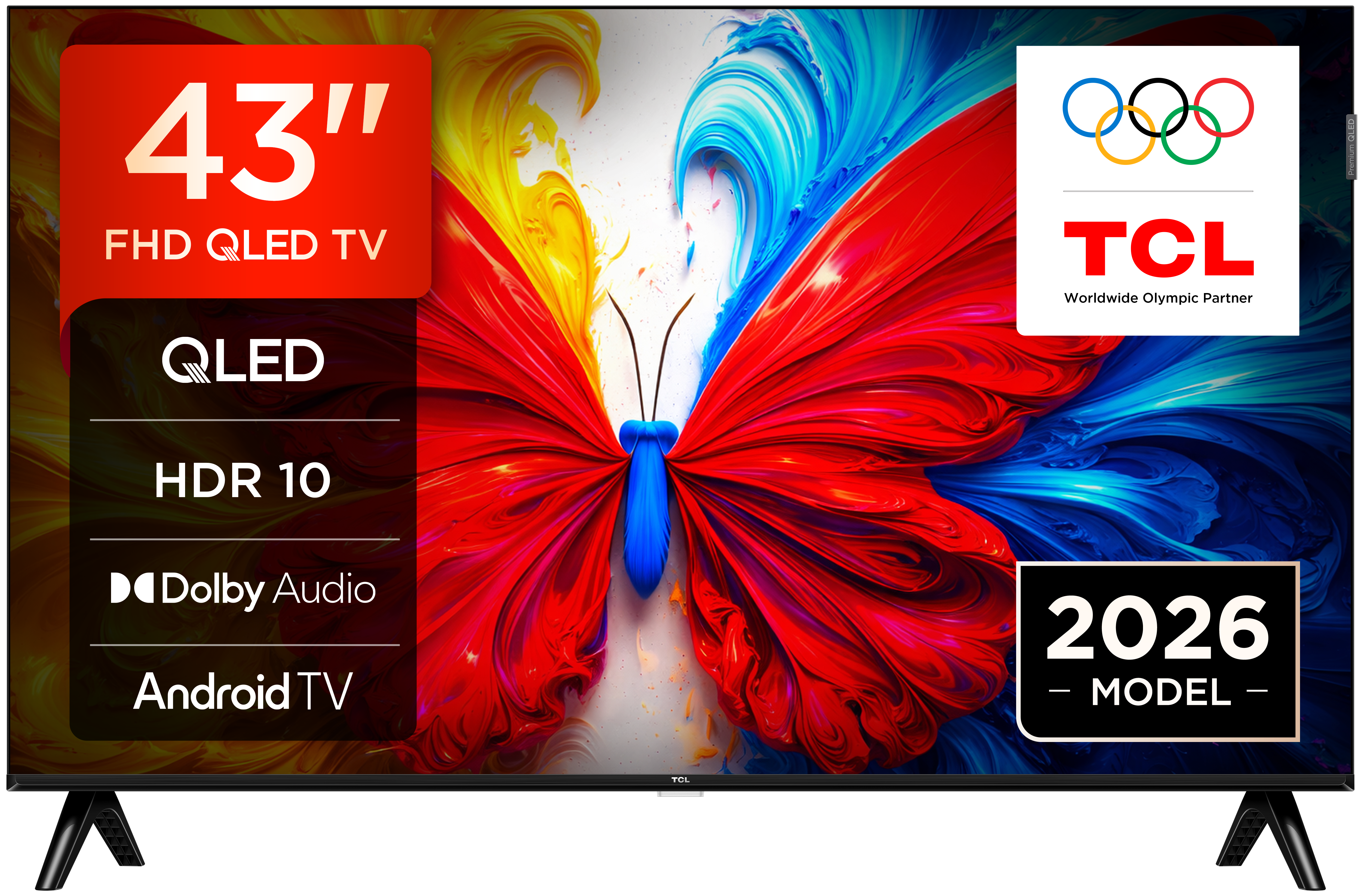 Telewizor QLED FHD 43" ze sztuką motyla, logo TCL, kółka olimpijskie, model 2026.