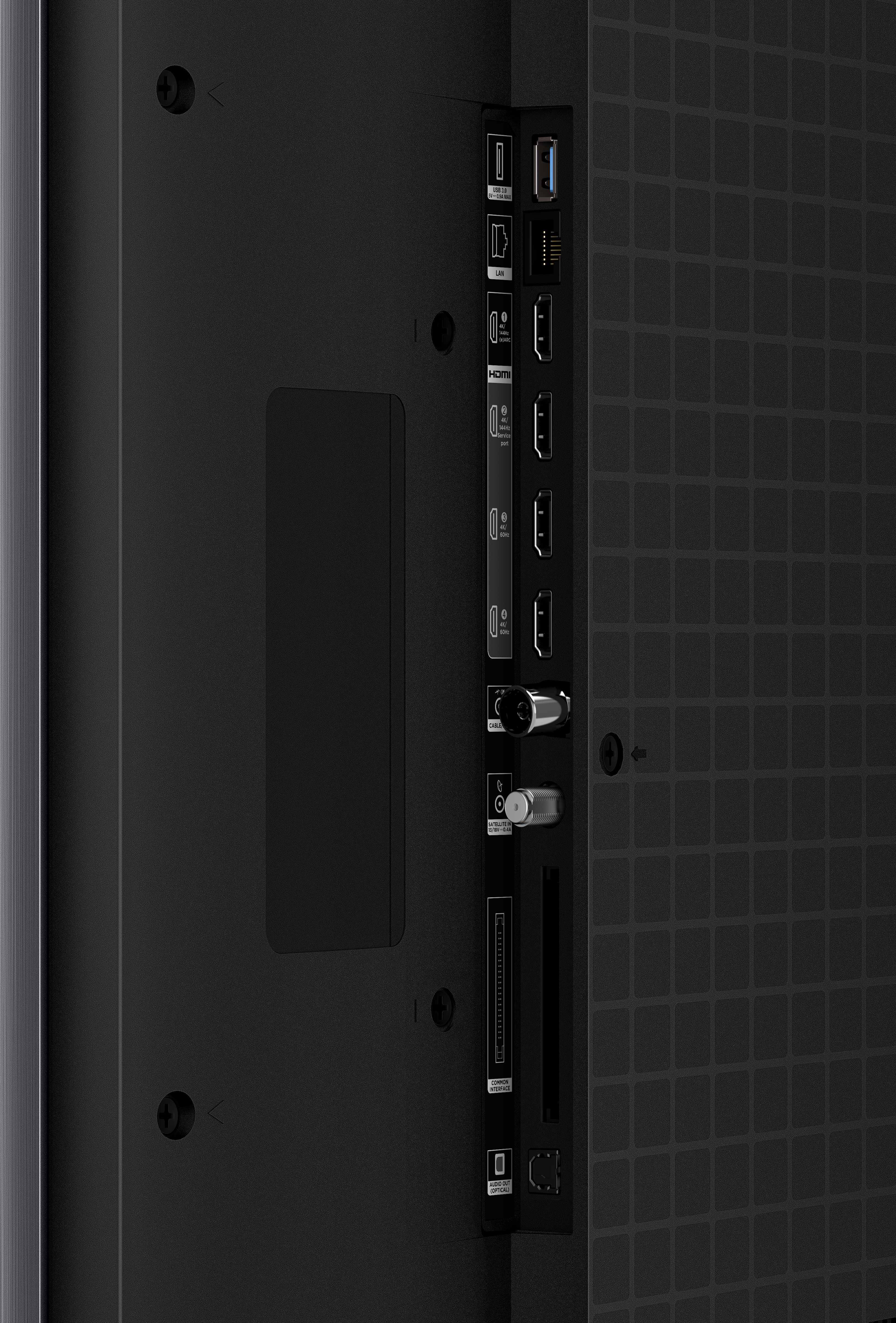 Rückseite eines Fernsehers mit Anschlüssen: USB, HDMI, Antenne.