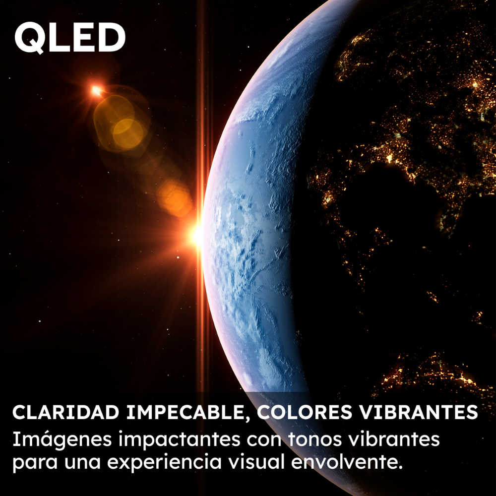 QLED: La Tierra en el espacio, iluminada por el sol, con luces de ciudad en el lado nocturno.