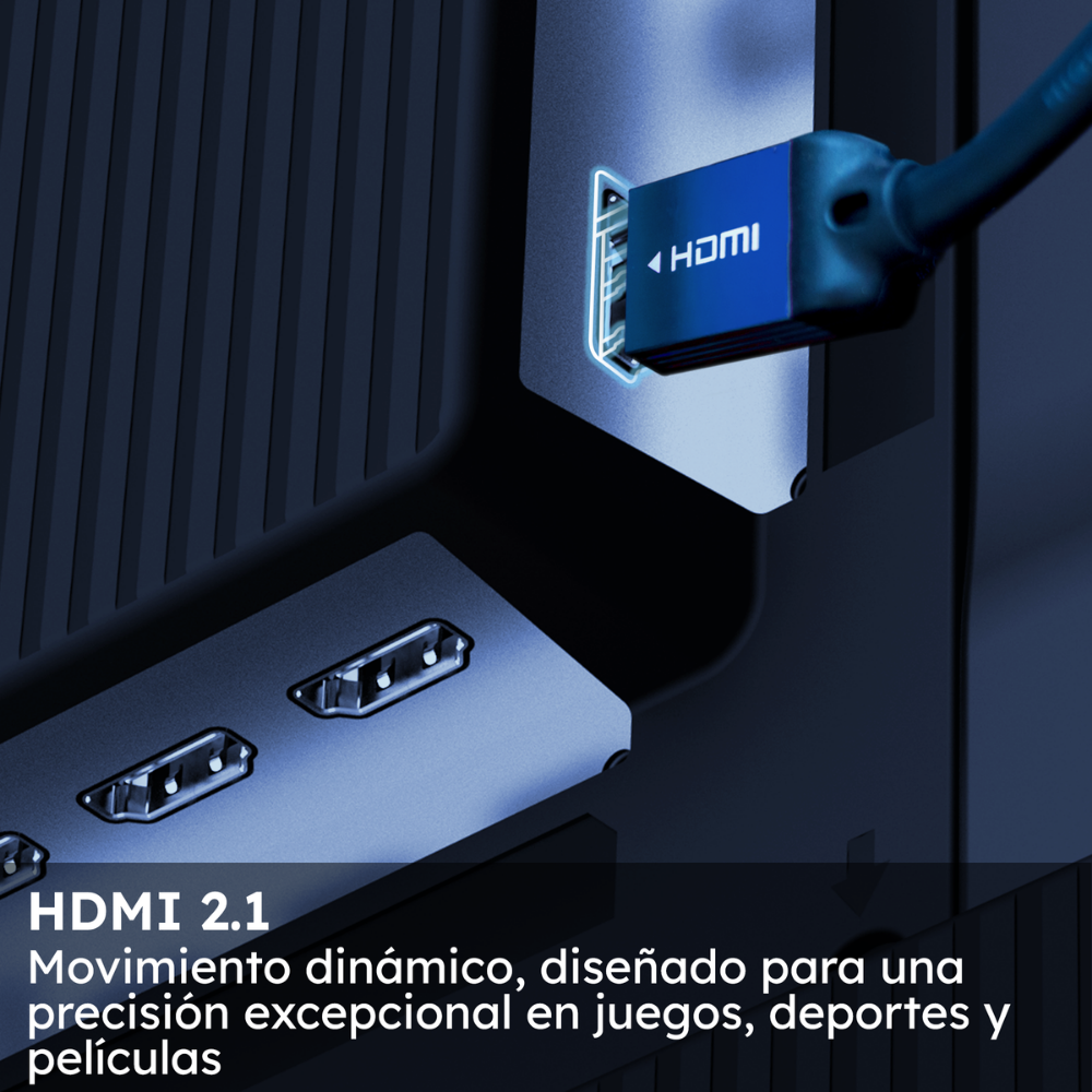 Enchufe HDMI 2.1 azul insertado en un puerto negro.