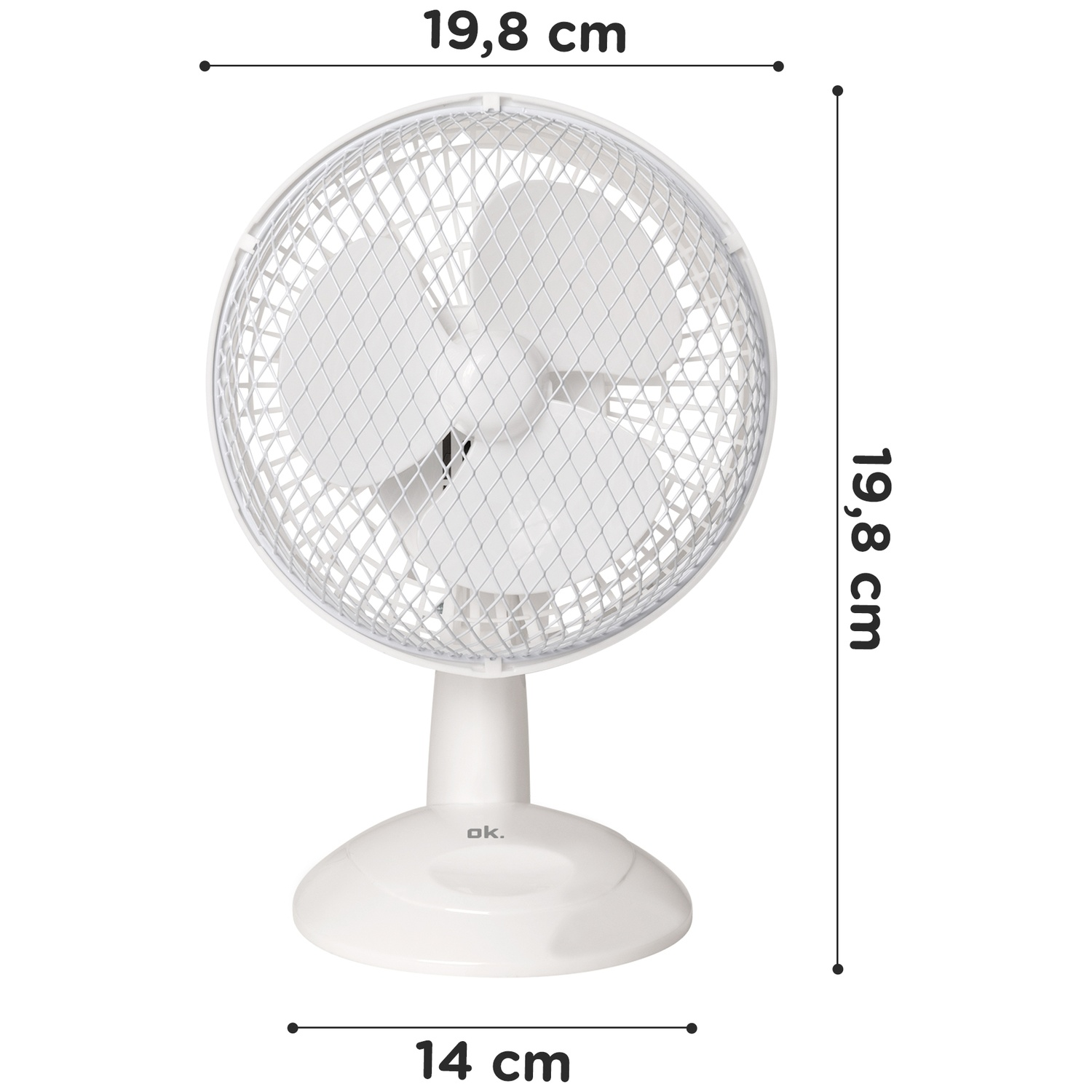 A white desk fan with a protective grill, 19.8 cm high and 14 cm wide.