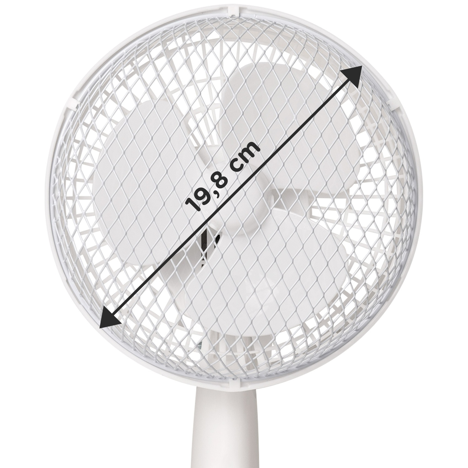 A white fan with a diameter of 19.8 cm is shown.