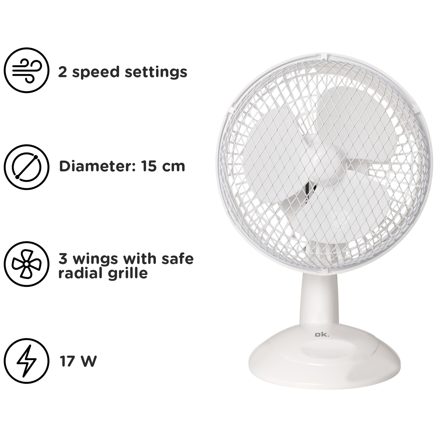 A white table fan with 3 blades, 15 cm diameter, and 2 speed settings.