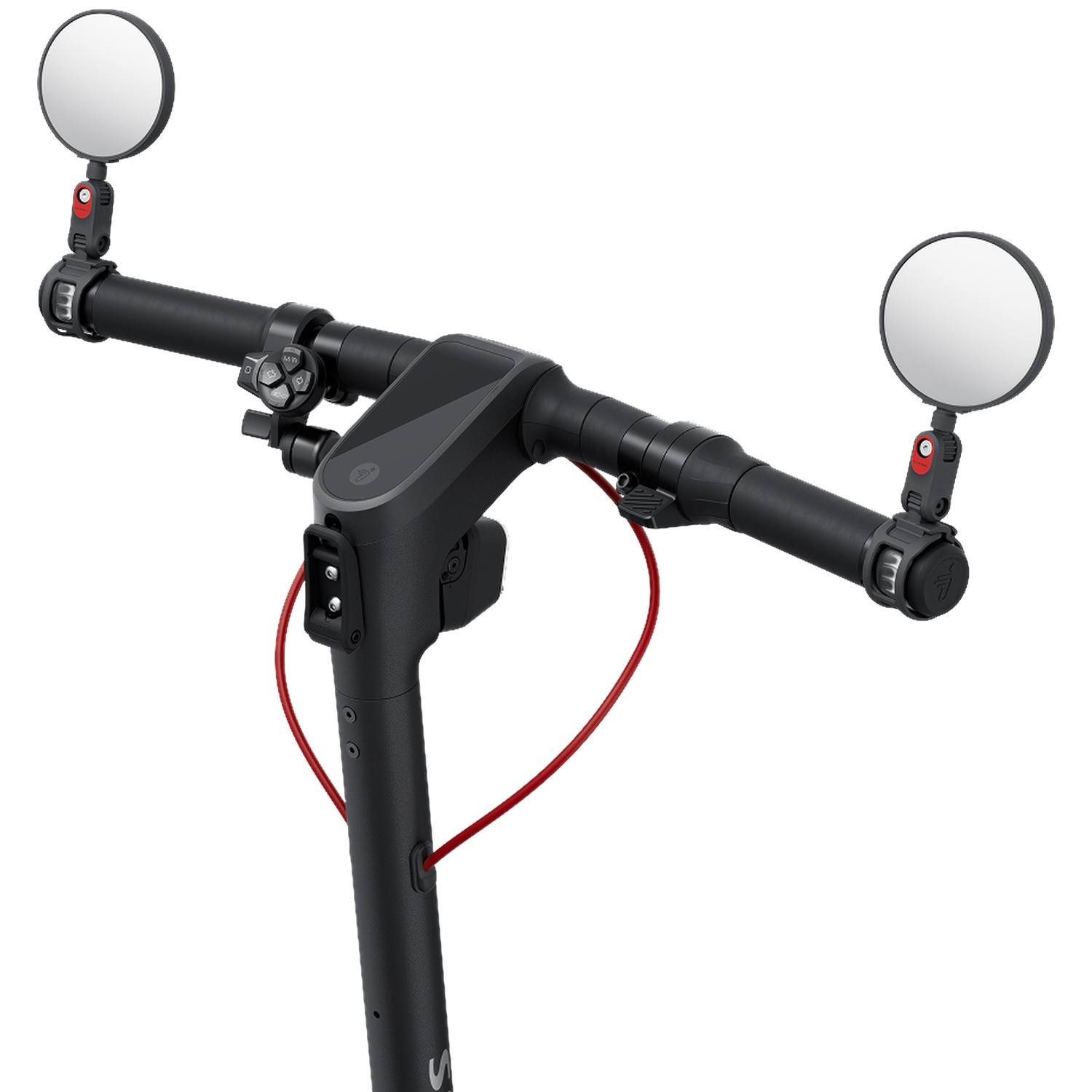 Guidon de trottinette électrique avec deux rétroviseurs et un câble rouge.