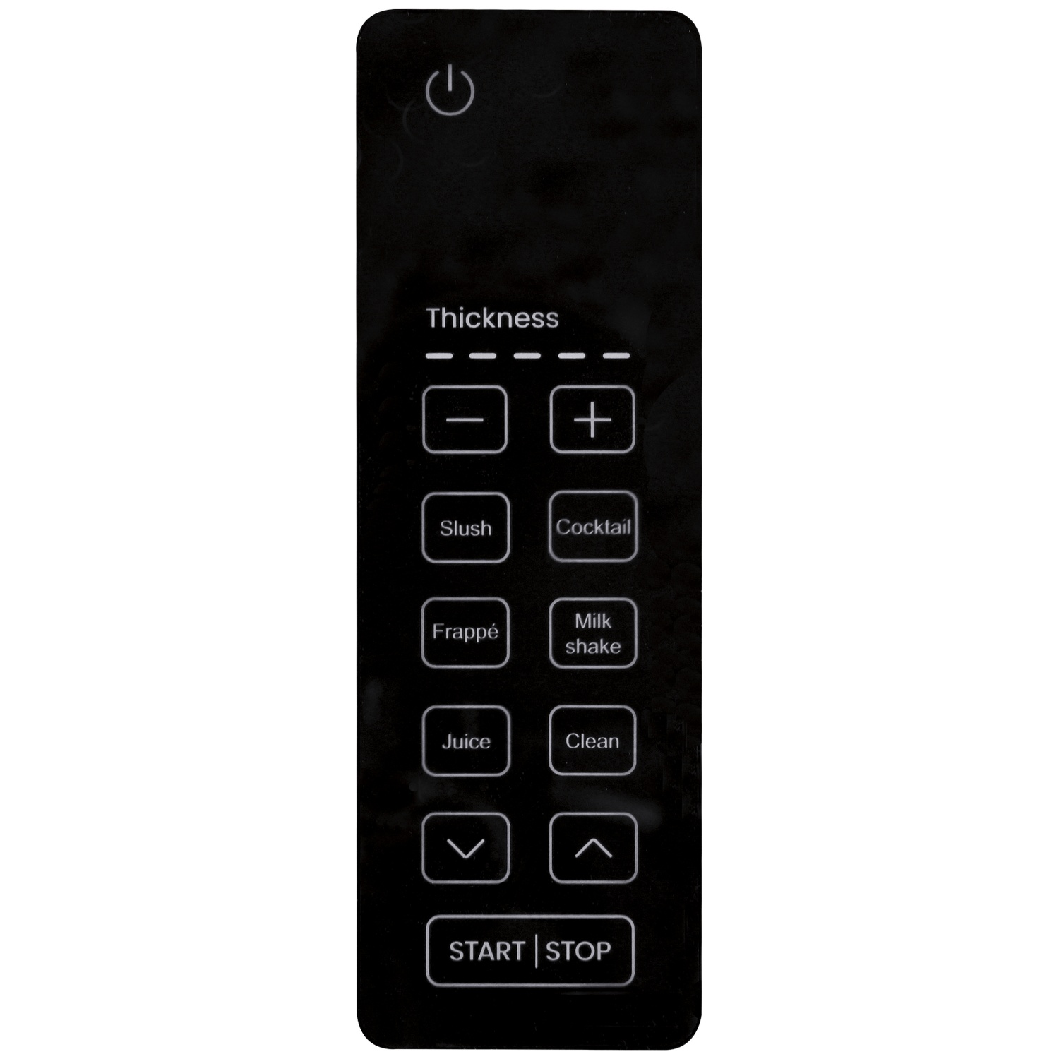 Black control panel with power icon, thickness display, and buttons.