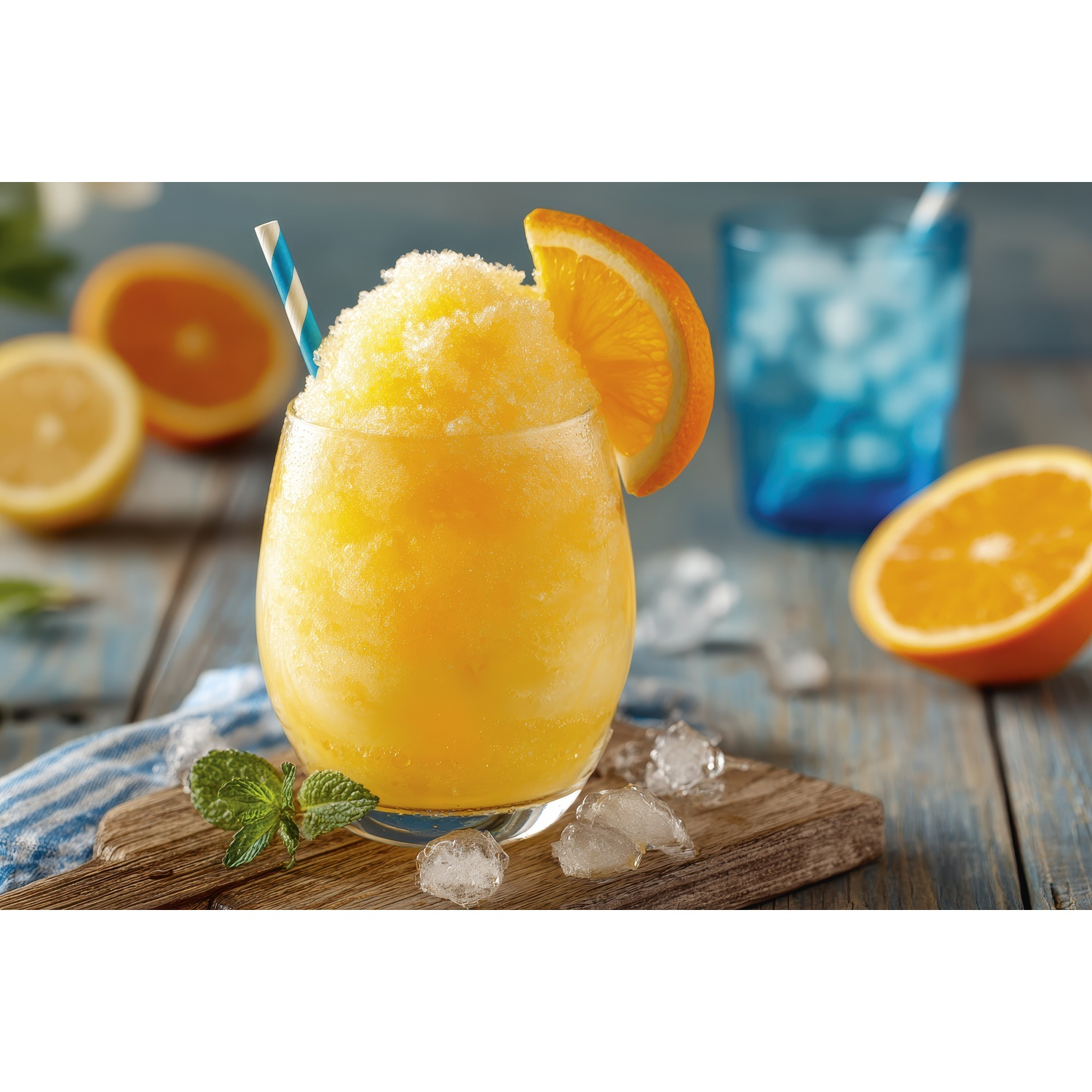 A frosty orange slushy in a glass with an orange slice and straw. Mint and ice surround it.