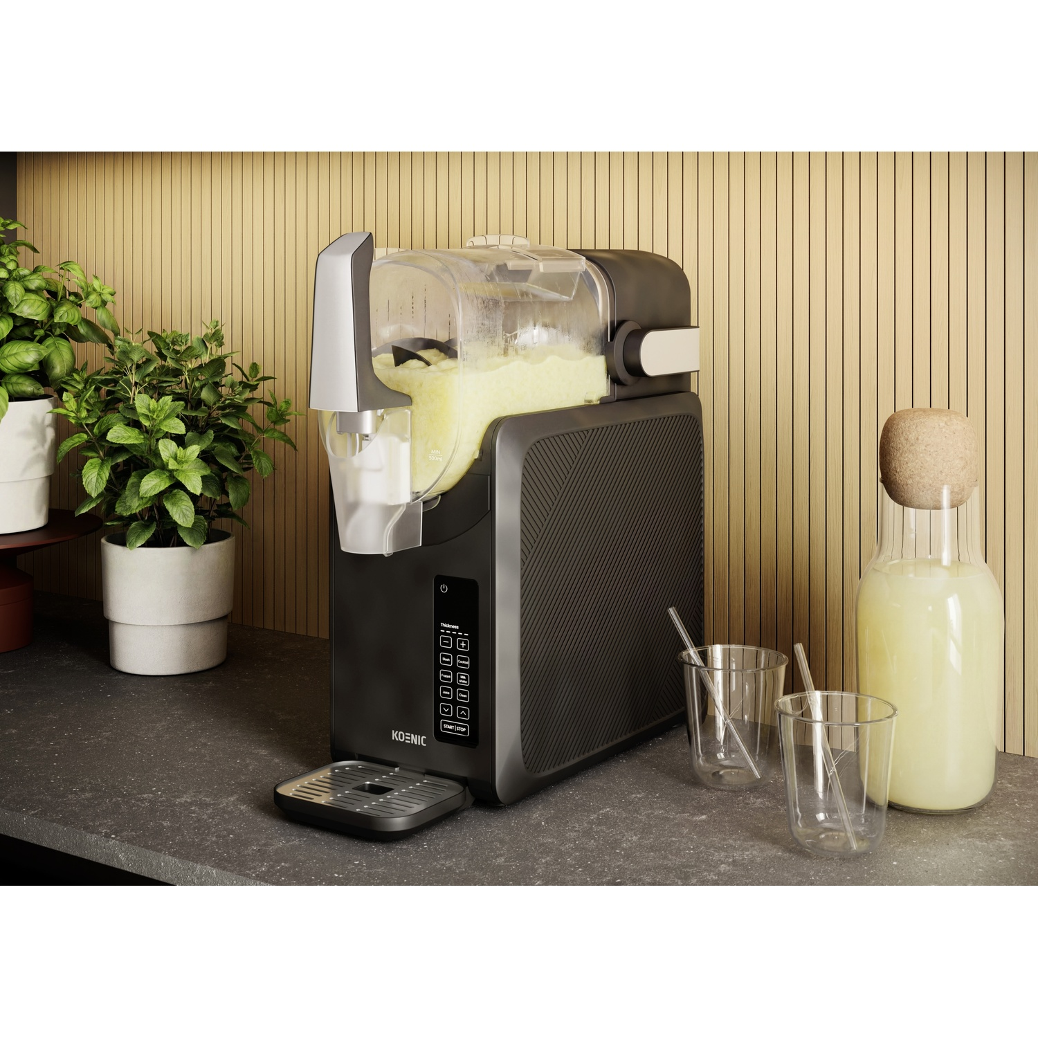 A black slushie machine with yellow slush, two glasses, and a carafe of lemonade.