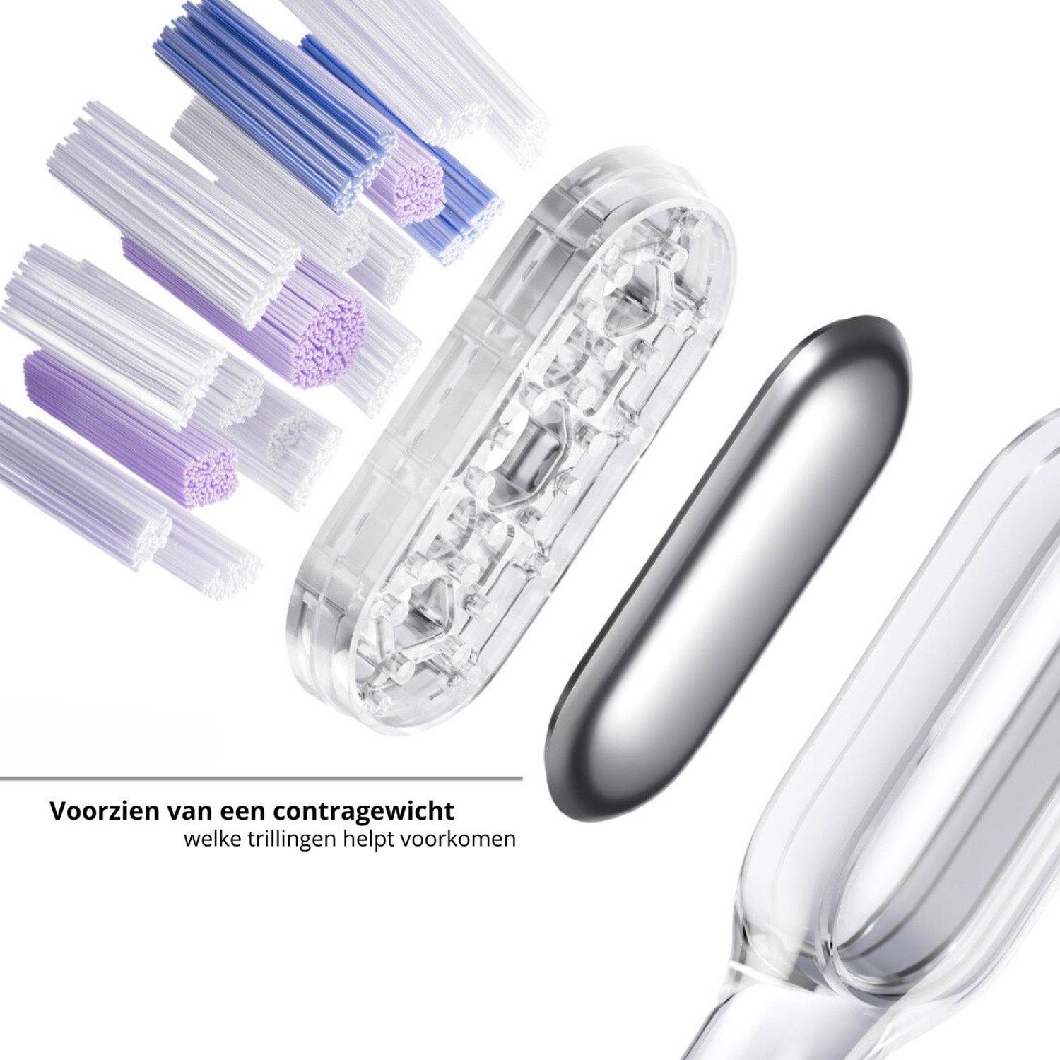 Close-up of toothbrush heads with blue and purple bristles, a counterweight, and clear casing.