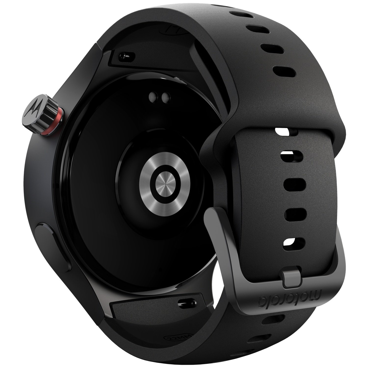 Back of a black smartwatch with Motorola logo on the button.