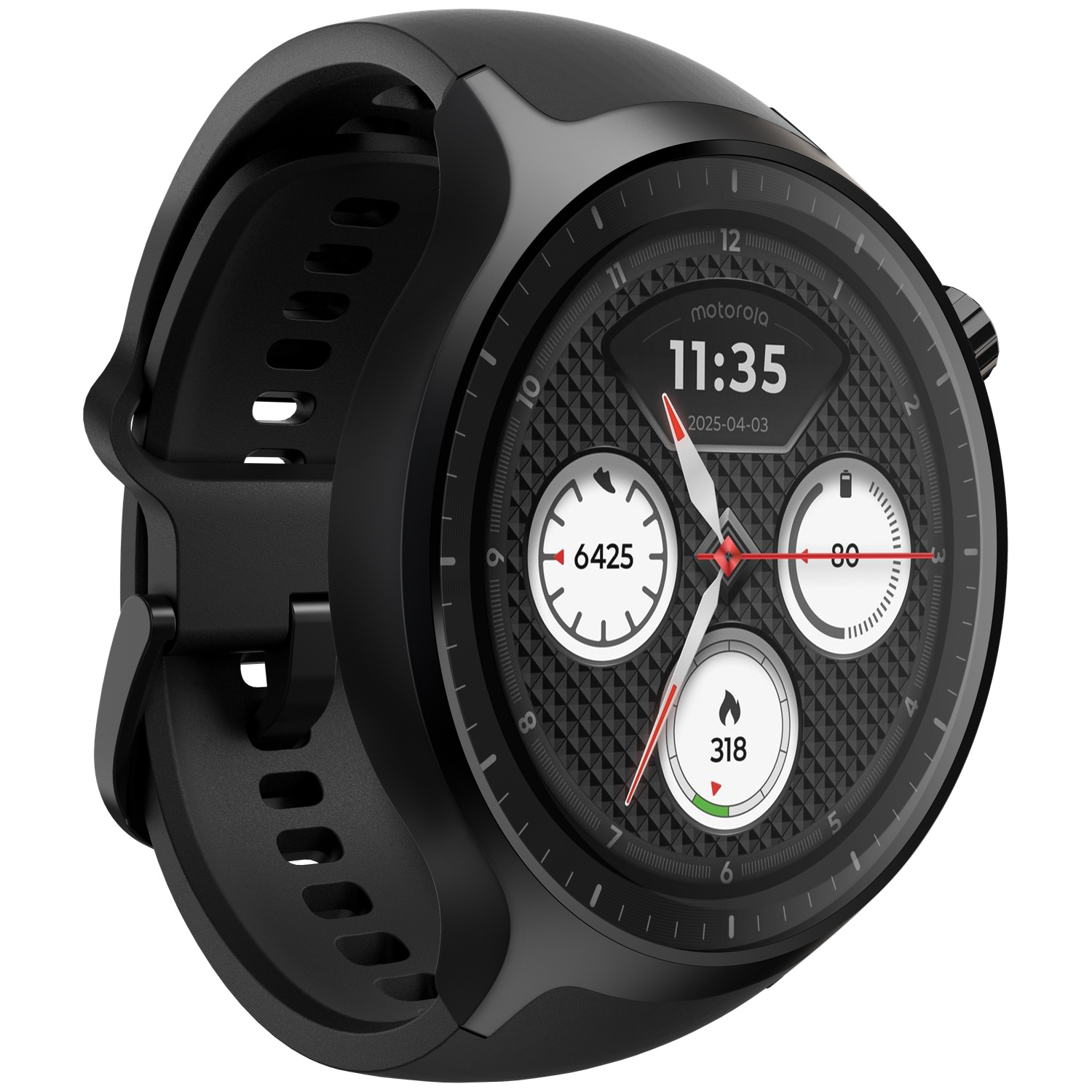 Black Motorola smartwatch showing 11:35, date 2025-04-03, and activity stats.
