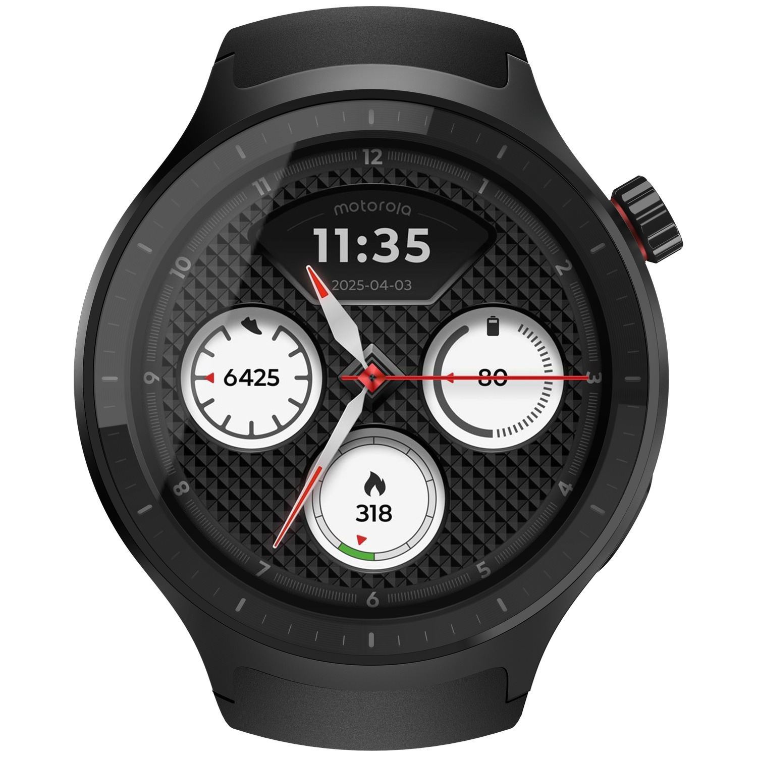 A black Motorola smartwatch displaying 11:35, with three sub-dials and a textured face.