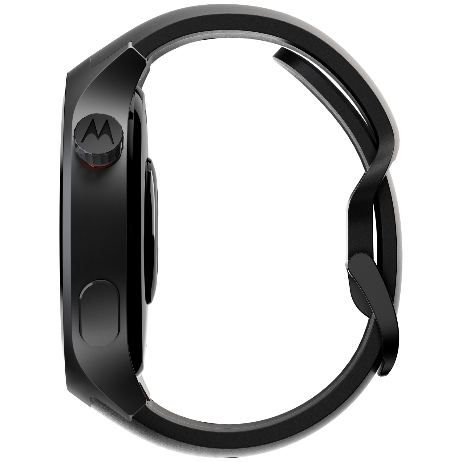 Black smartwatch with Motorola logo on button, viewed from the side.