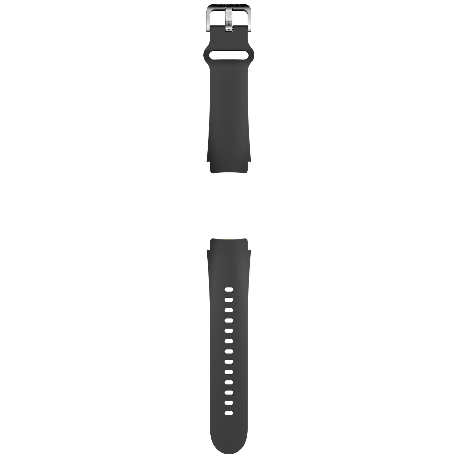 A dark grey watch band with a buckle and hole pattern.