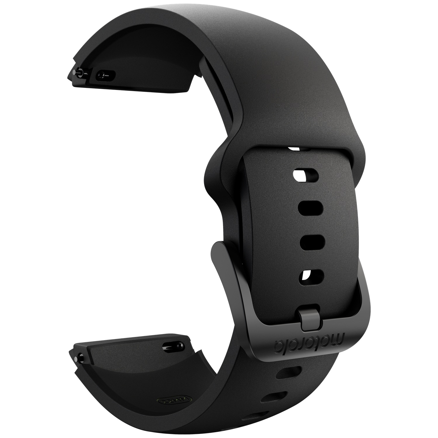 Black Motorola watch band with buckle and adjustable holes.