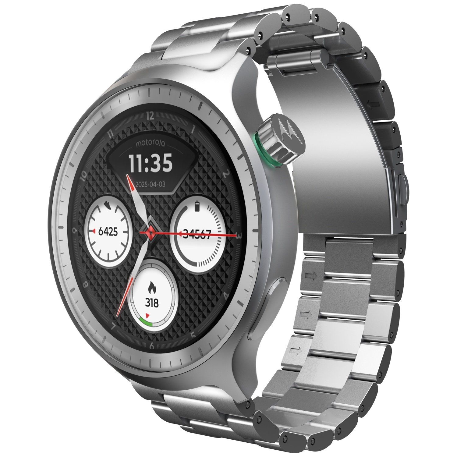 A silver smartwatch with a metal band and black digital display showing time.