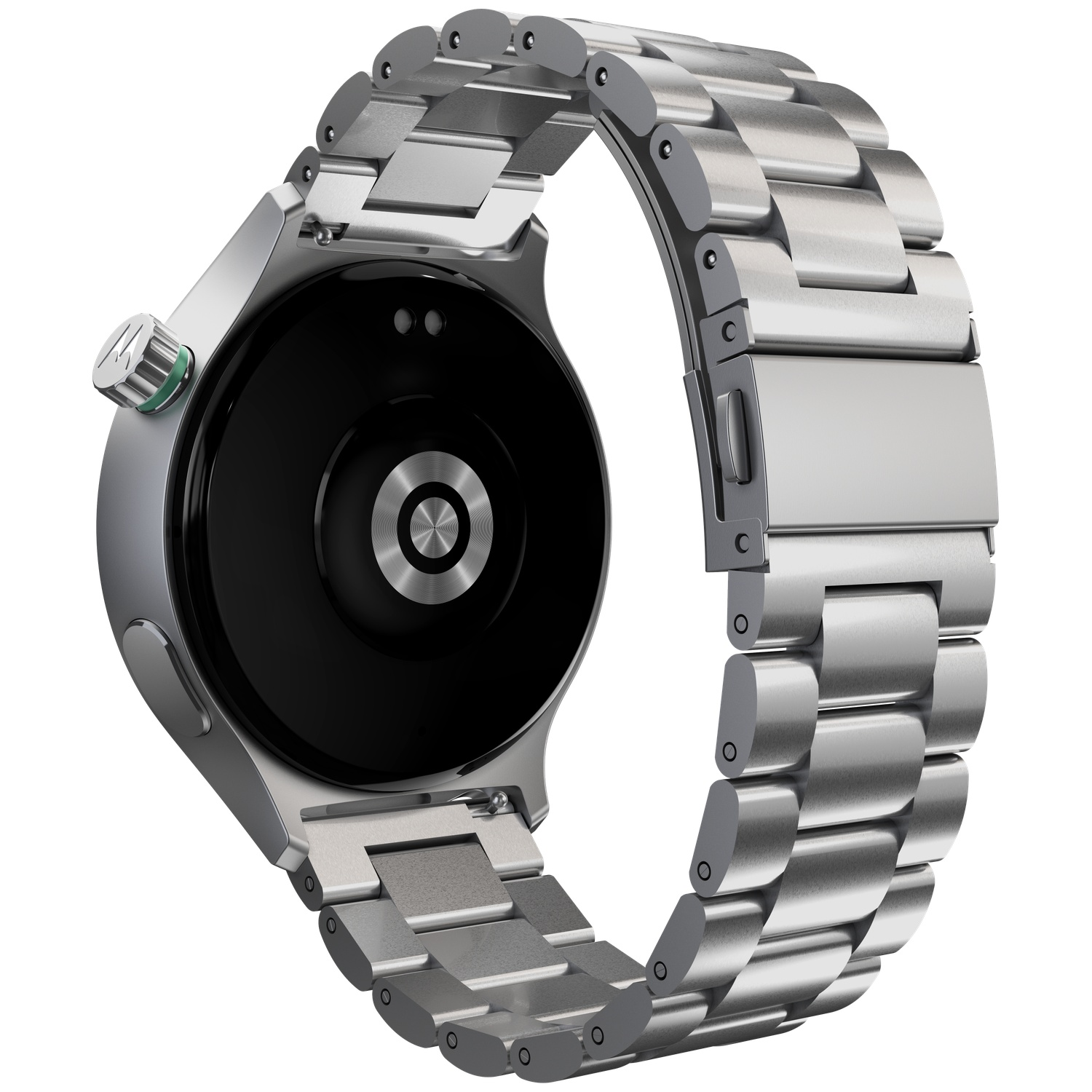 Silver metal band smartwatch with a black face and rotating crown on the side.