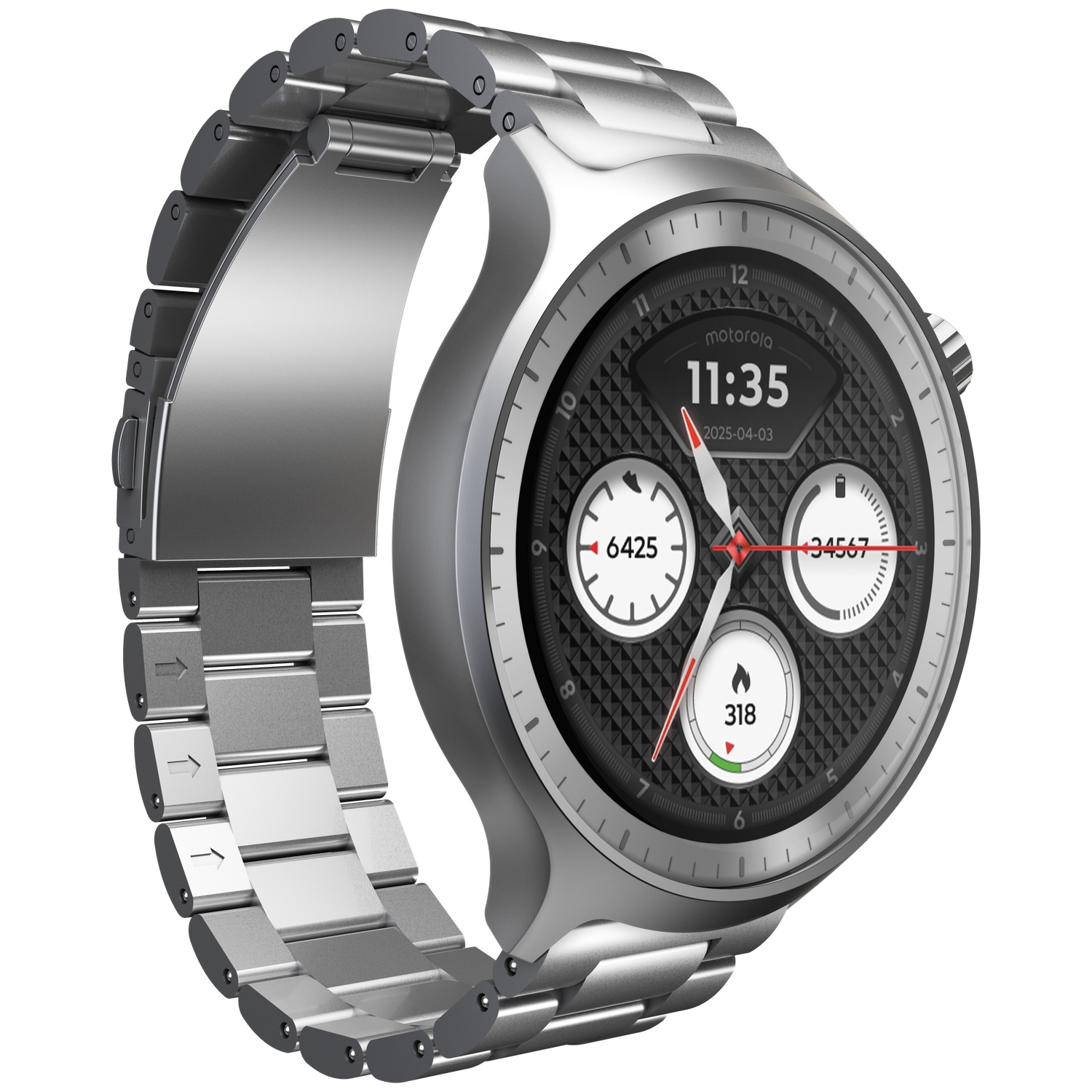 Silver smartwatch with metal band, displaying 11:35 AM and activity data.