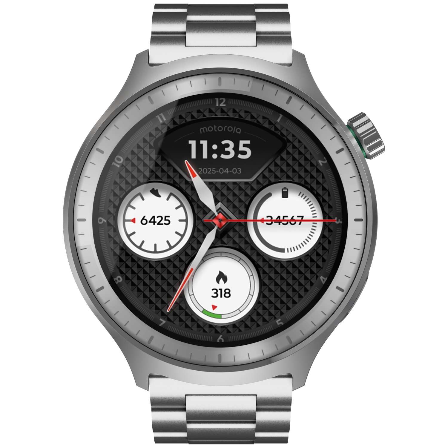 Silver Motorola smartwatch showing 11:35, date, steps, and calories.