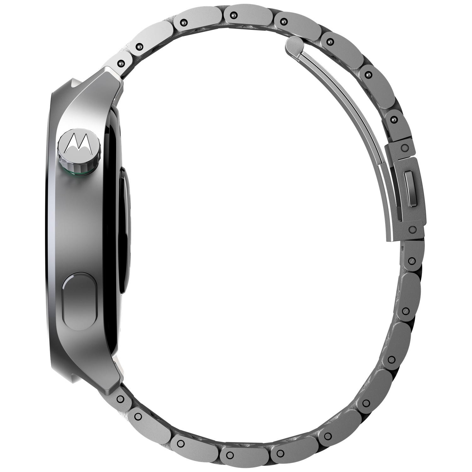 A silver smartwatch with a metal band, shown from the side.