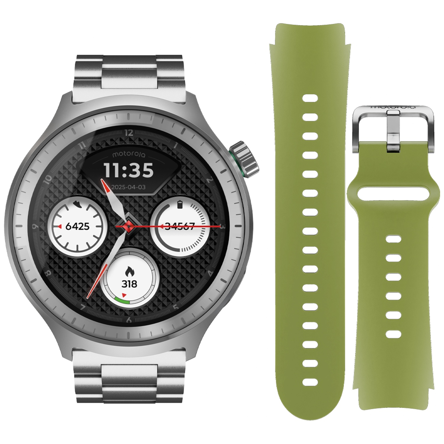 Motorola smartwatch with silver metal band and two green replacement straps.
