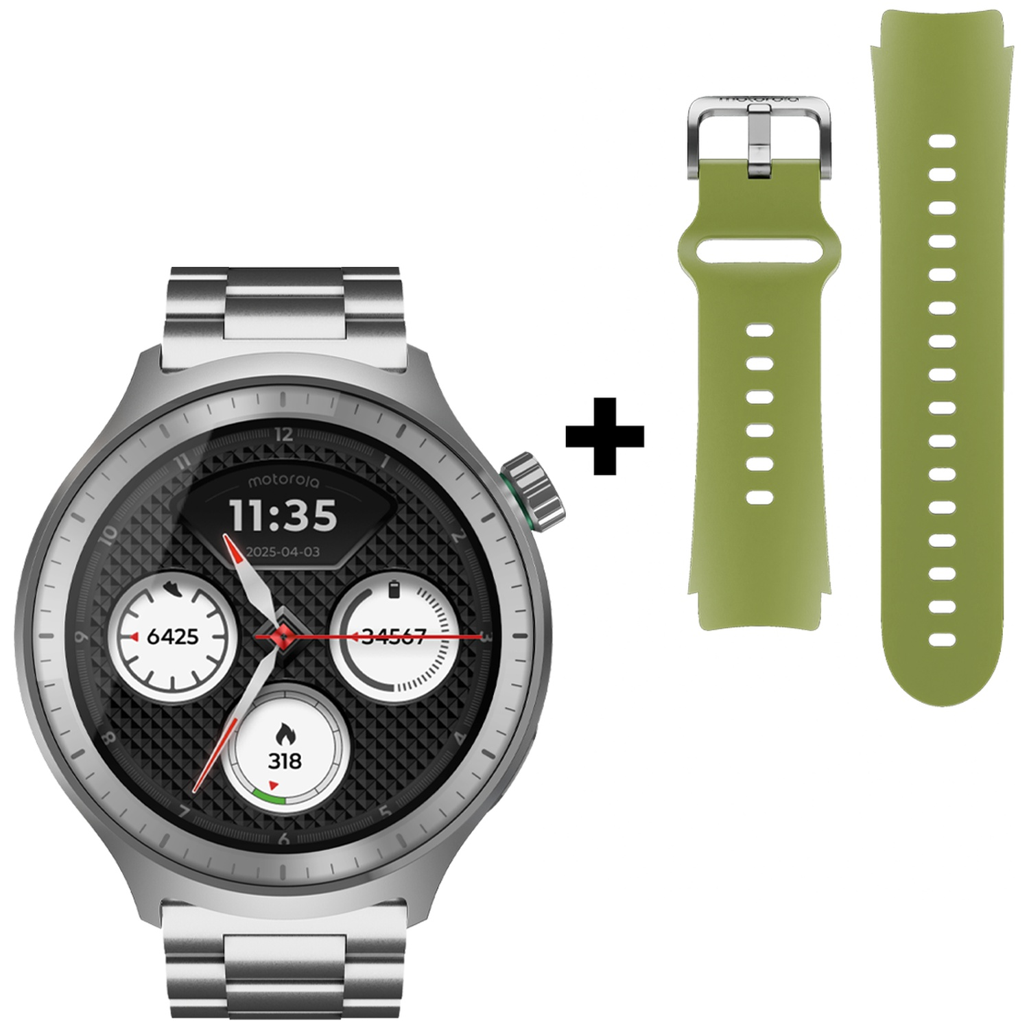 A silver Motorola smartwatch display with green straps and a plus sign.
